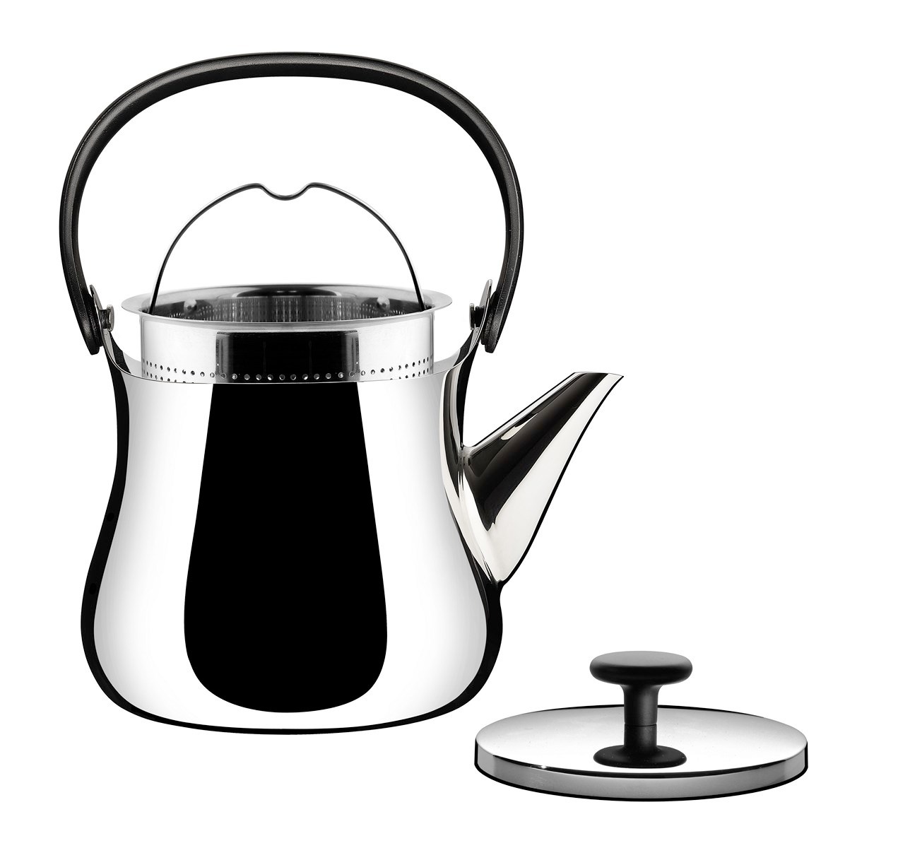 Alessi Cha Teekanne NF01 aus Edelstahl mit schwarzem Griff und Deckel. Teekanne für Teezubereitung.