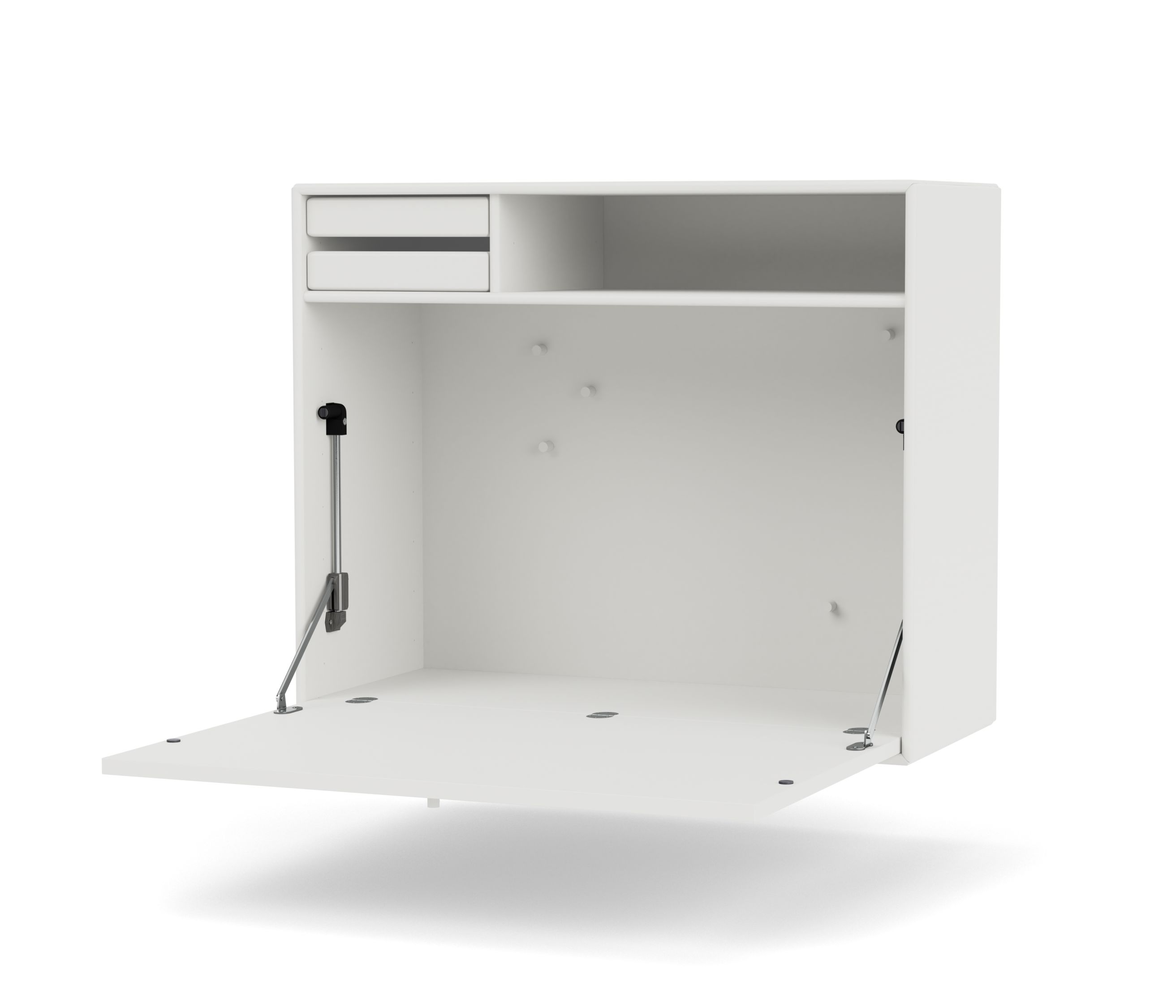 Weißer STUDIO Sekretär mit geöffneter Schreibfläche, Schubladen und Regalfach für Homeoffice.