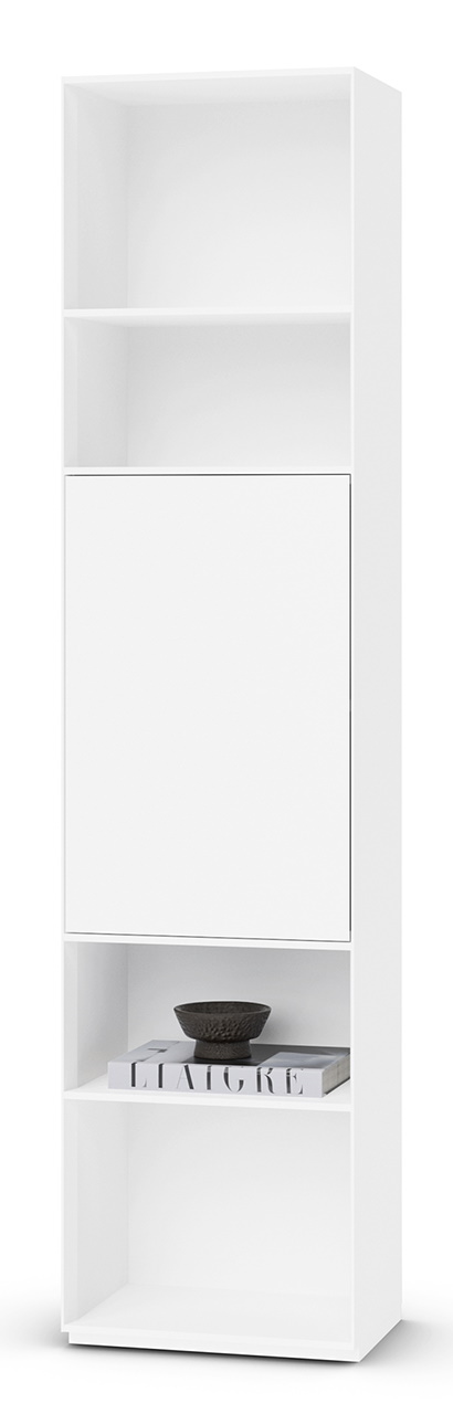 Weißes Nex Pur Regal mit Tür, Fachboden und Deko. Modernes Möbelstück für Wohnraum und Büro.