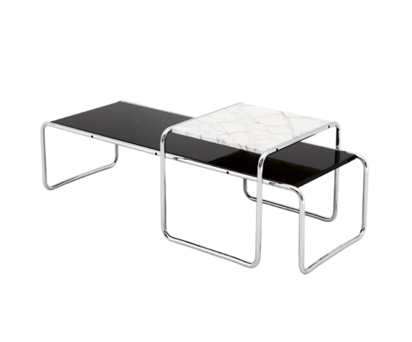 Laccio Couchtisch von Knoll International, zwei Tische ineinander geschoben, Marmor und schwarzes Glas.