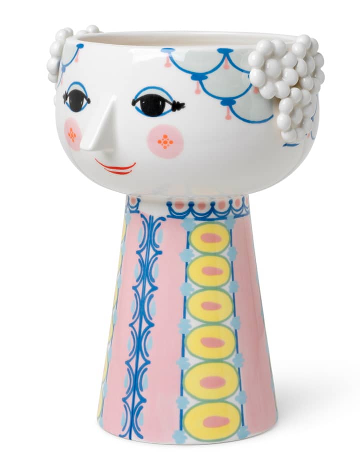 Pinke Eva Vase von Bjorn Wiinblad, 23 cm hoch, mit Gesicht und bunten Mustern.