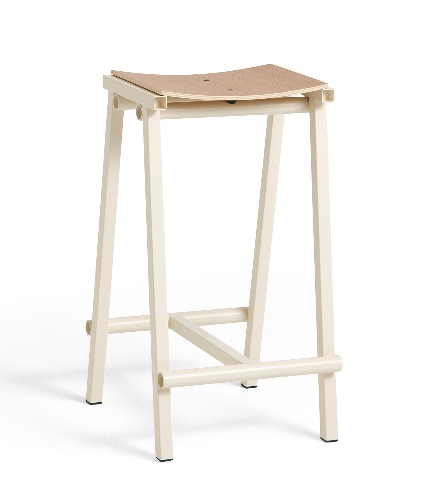 Heller Taburete 8 Barhocker von Hay mit Holz-Sitzfläche und Metallgestell im minimalistischen Design.