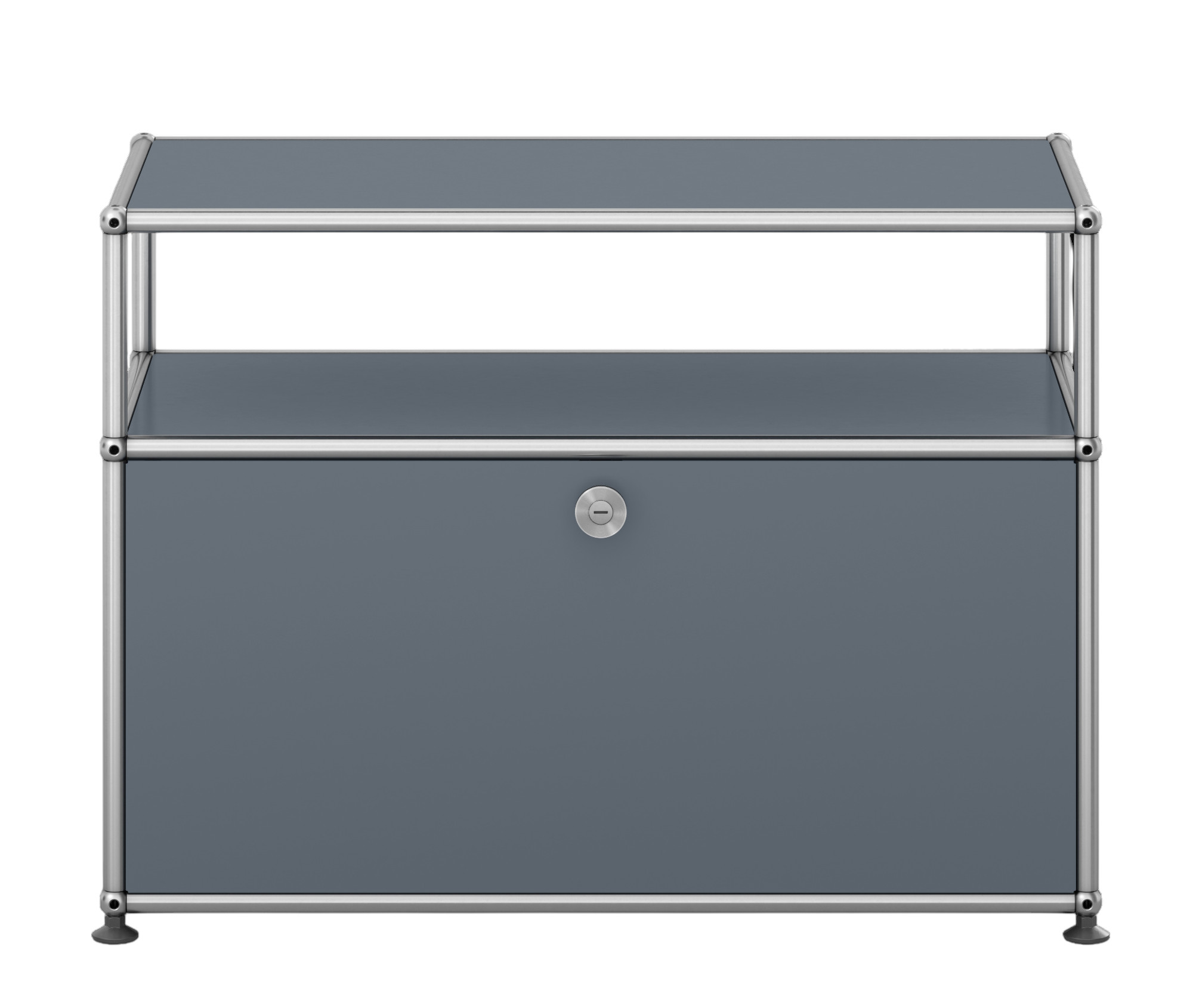 USM Haller Beistelltisch in Mittelgrau mit einer Klappe und offenem Fach, modernes Designmöbel.