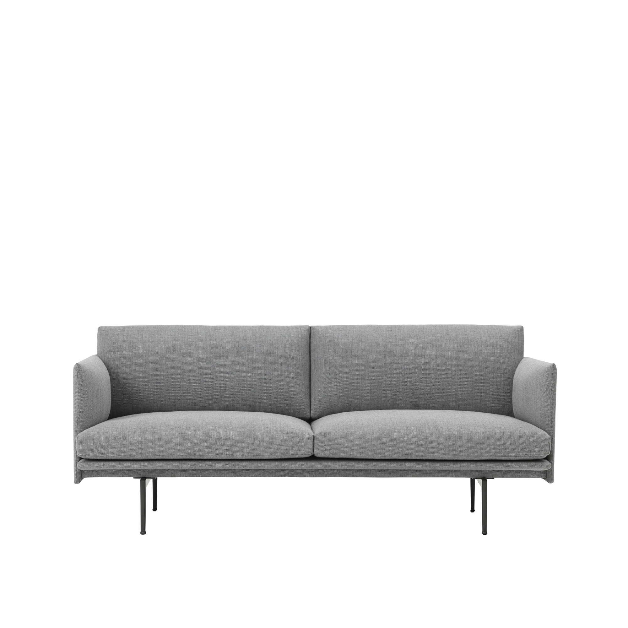 Graues Muuto Outline Sofa, 2-Sitzer mit minimalistischem Design und schwarzen Metallbeinen. Modernes Wohnzimmermöbel.