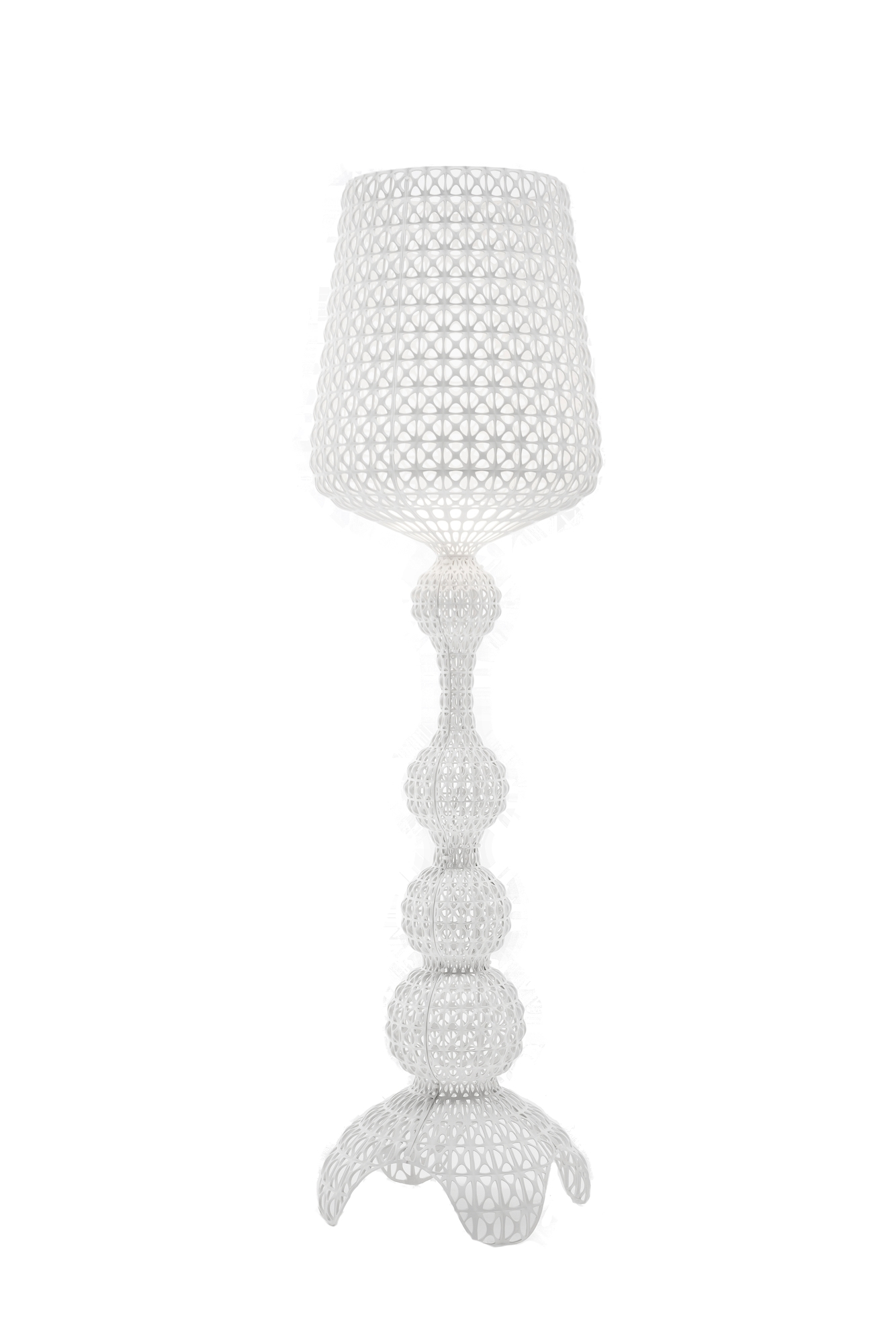 Weiße Kabuki Stehleuchte von Kartell mit filigranem, durchbrochenem Design für stilvolle Innenbeleuchtung.