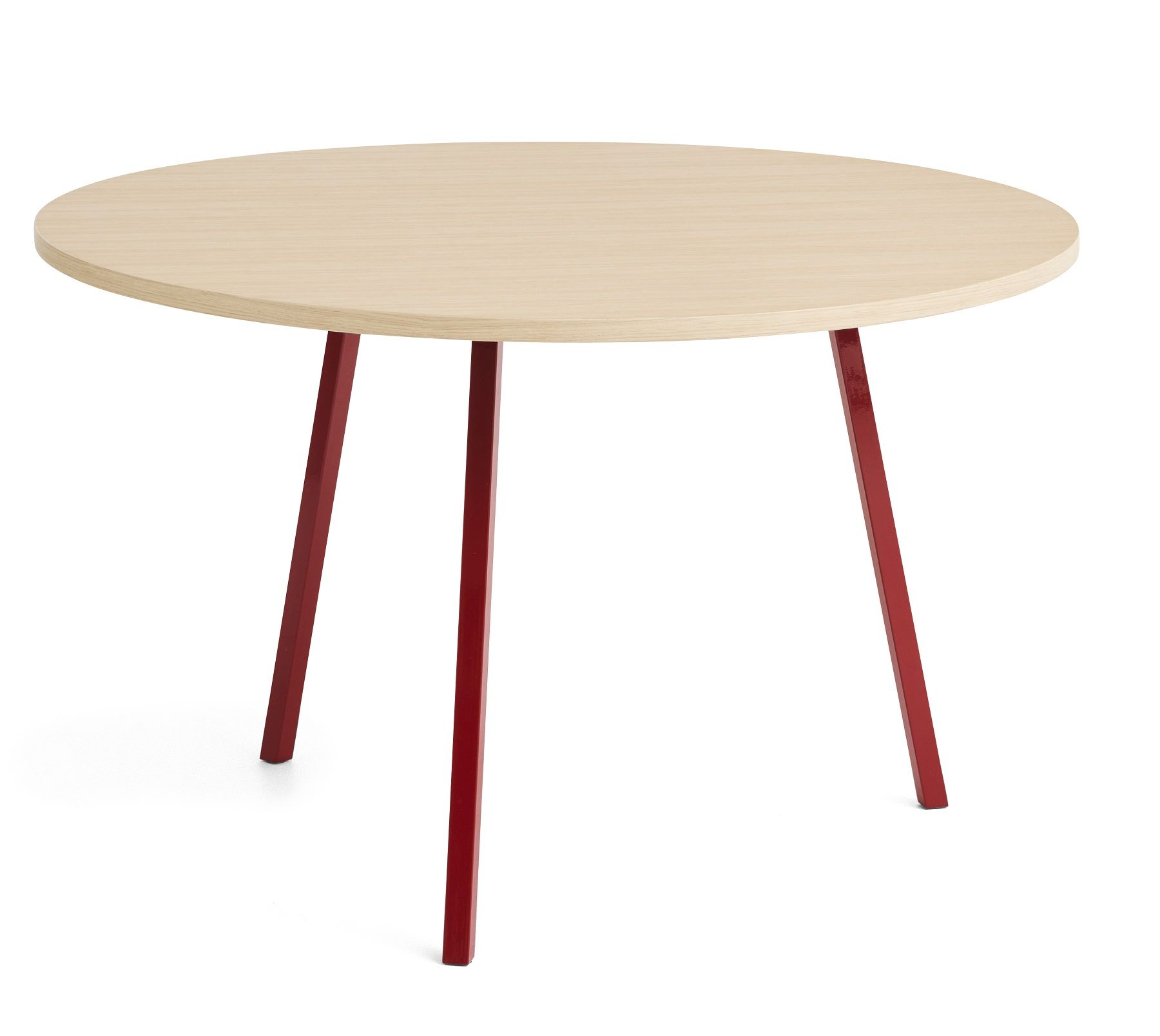 Hay Loop Stand Table Round Esstisch Ø120 cm mit hellem Holz und roten Beinen.