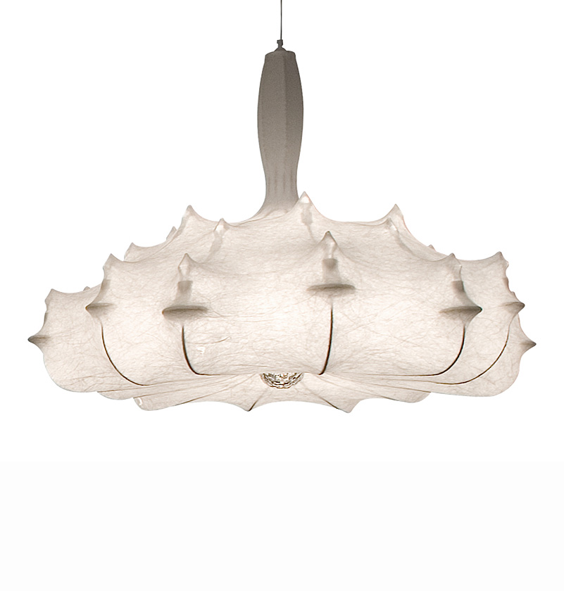 Weiße Zeppelin Hängeleuchte von Flos mit kokonartigem Diffusor und zentralem Kristall, moderne Innenbeleuchtung.