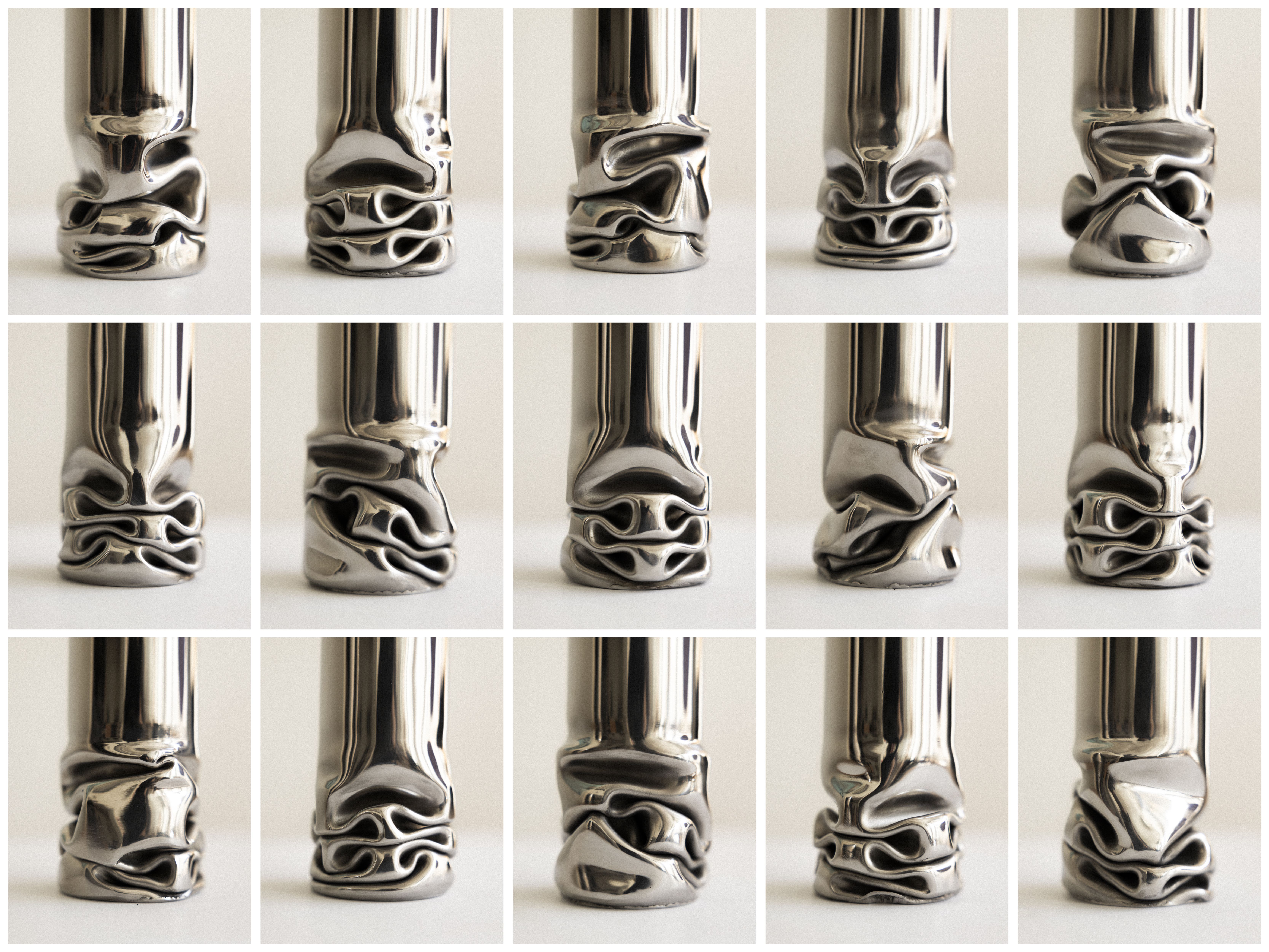 Nahaufnahme der Hydraulic Vase von Design House Stockholm, silberne Metallvase mit einzigartiger, verformter Textur.