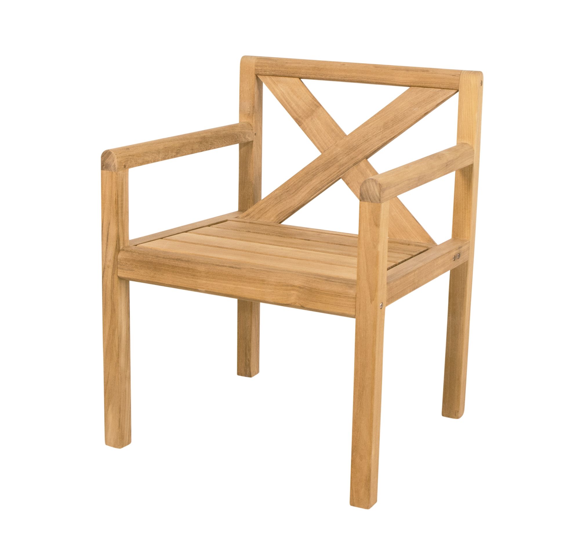 Grace Sessel von Cane-Line: Gartenstuhl aus Teakholz mit Armlehnen und X-förmiger Rückenlehne.