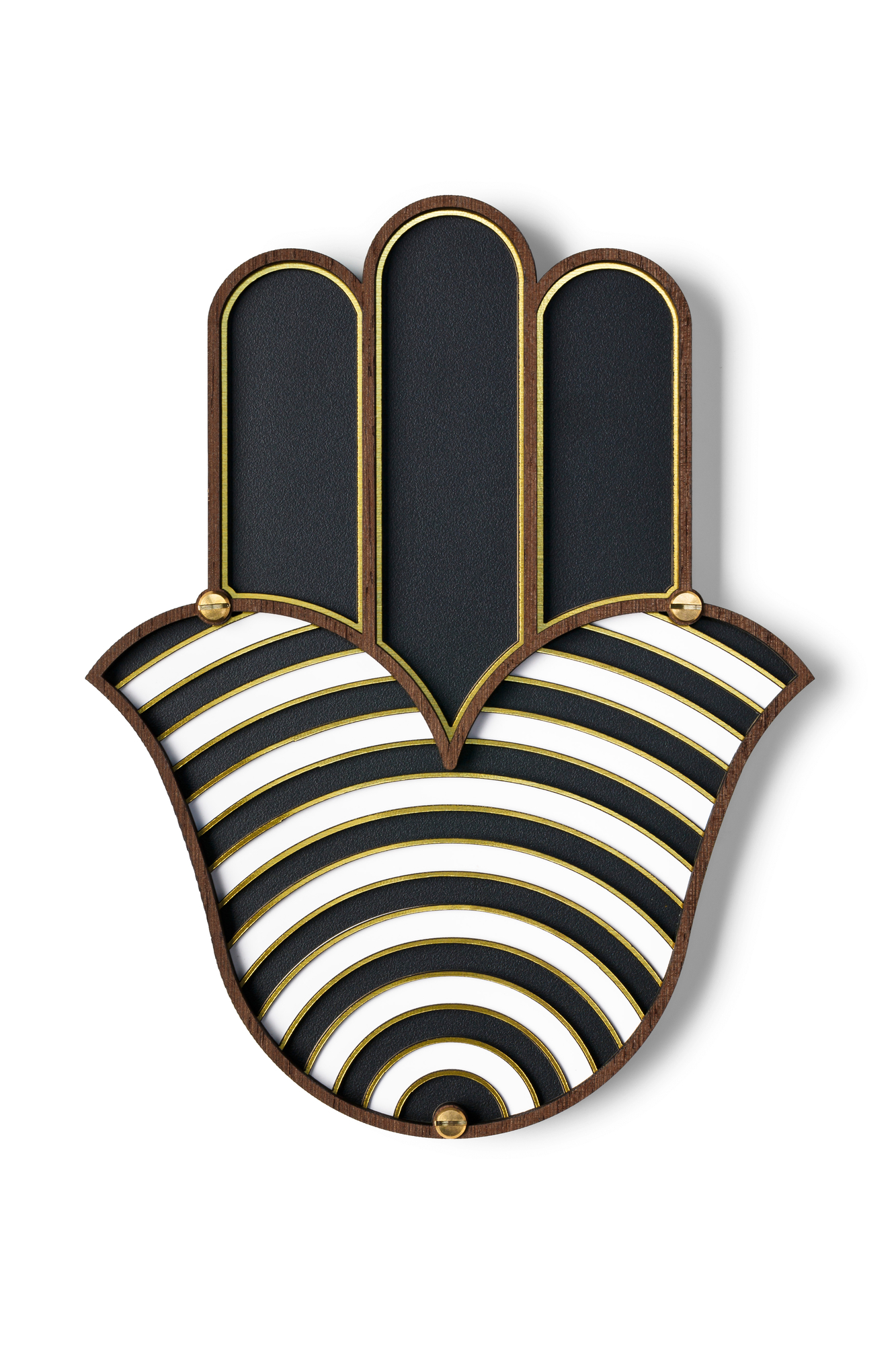 Hamsa Hand Wandschmuck von Umasqu: Dekorative Hand aus Holz mit schwarzen, weißen und goldenen Akzenten.