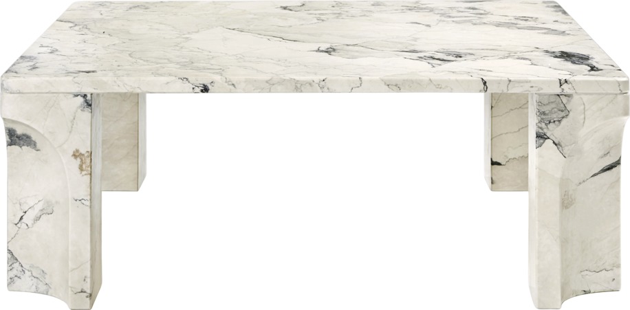 Quadratischer Doric Couchtisch von Gubi aus Marmor mit einzigartiger Maserung und stilvollen Säulenbeinen.