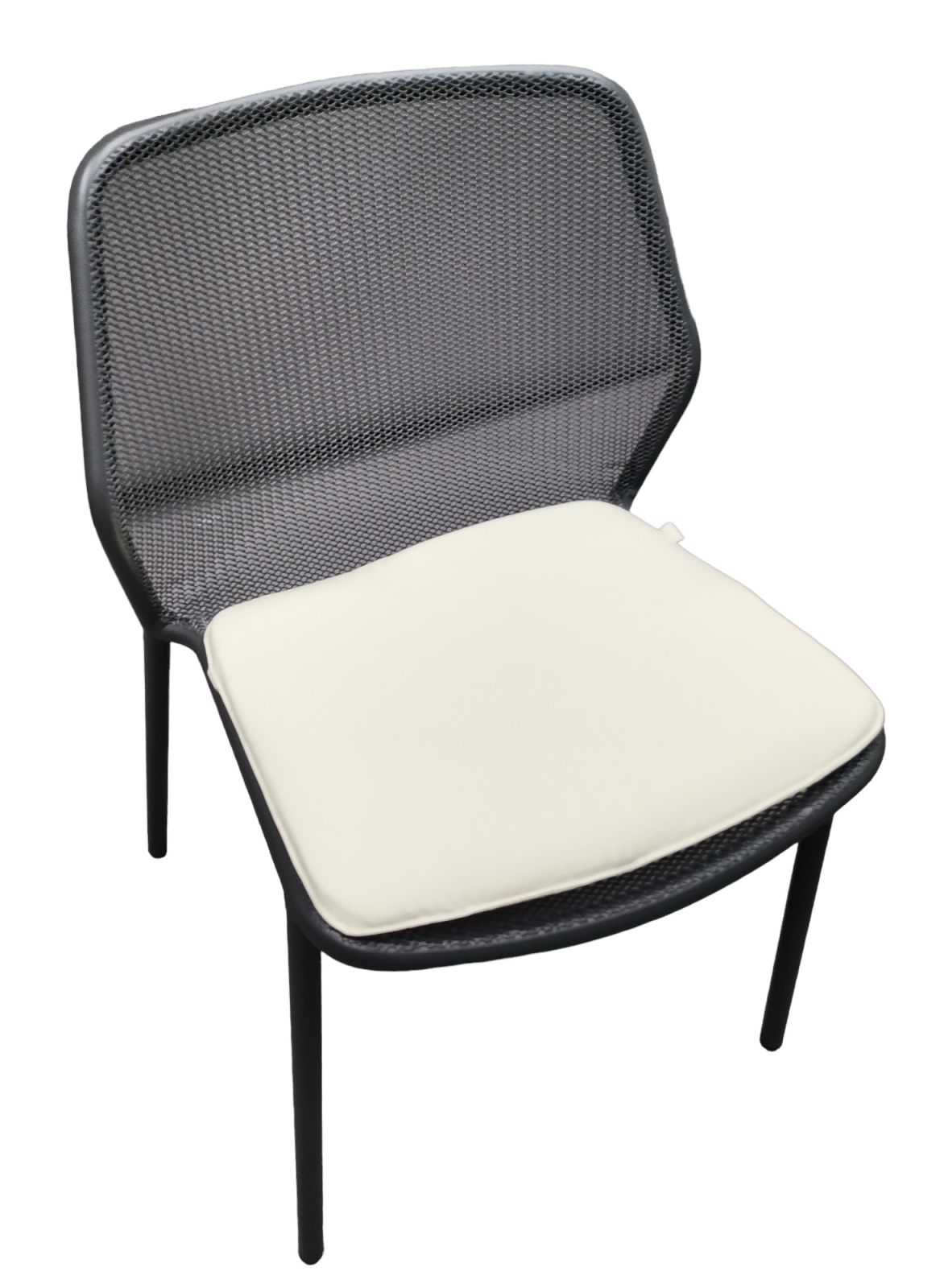 Darwin Stuhl Eisen Antik mit Sitzkissen, Gartenstuhl für den Außenbereich, Einzelstück.