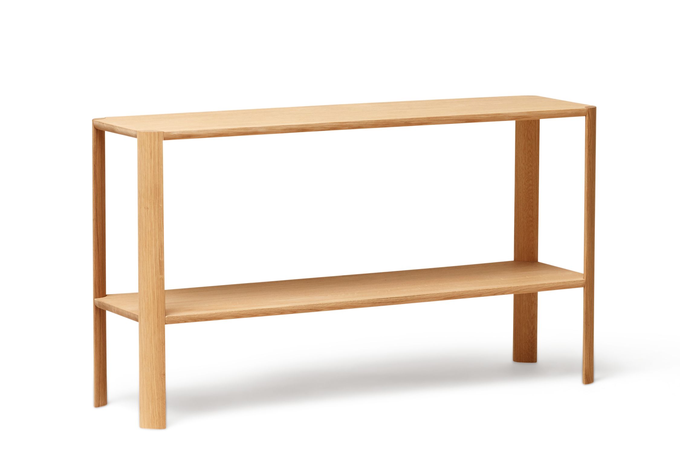 Leaf Regal Eiche geölt: Schlichtes, helles Holzregal mit zwei Ablageflächen für Wohnzimmer oder Flur.