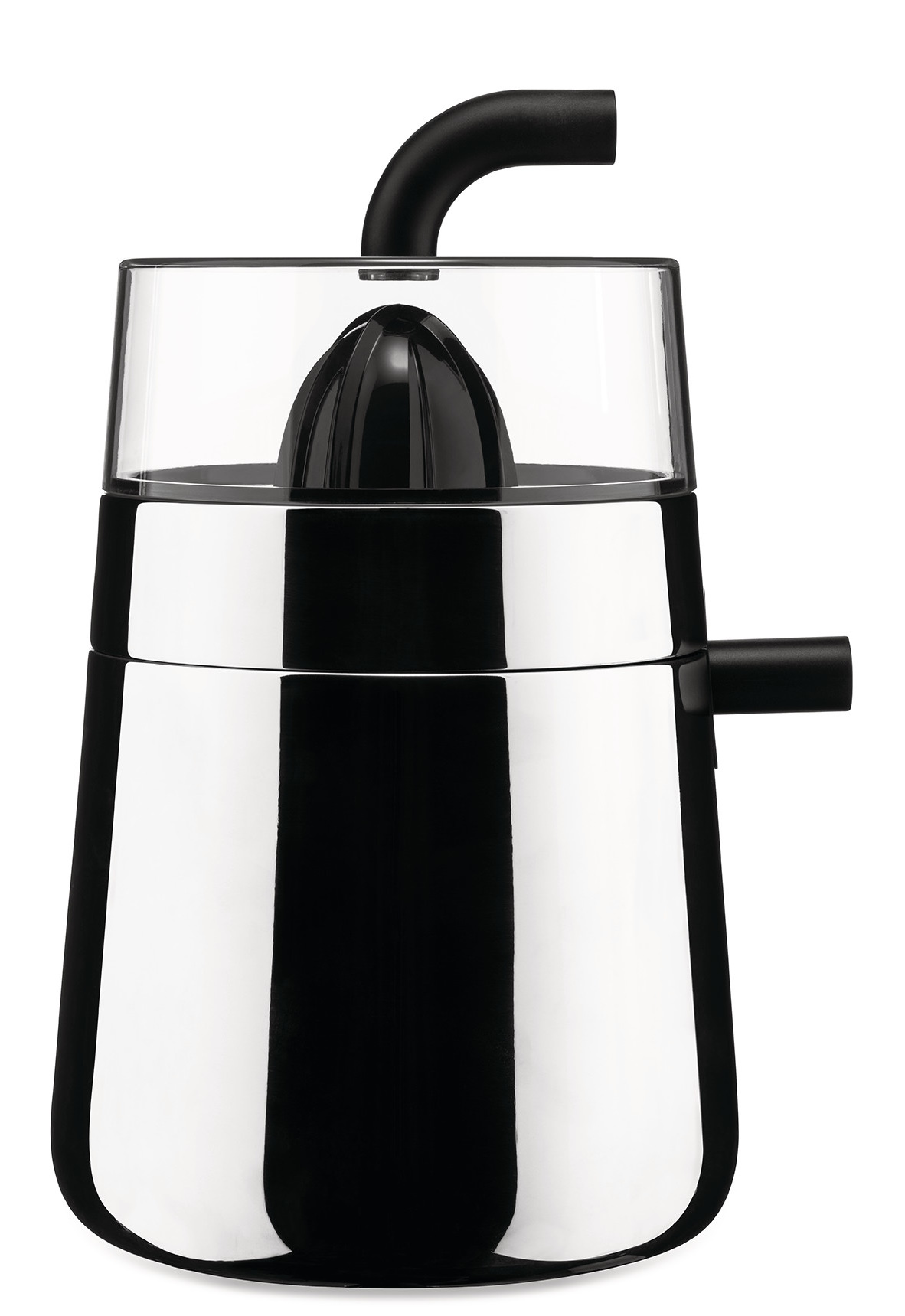 Alessi Toru NE02 B elektrische Zitronenpresse aus Edelstahl und schwarzem Kunststoff.