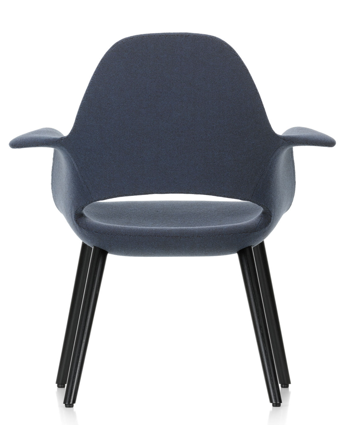 Blauer Organic Chair Stuhl von Vitra mit Armlehnen und schwarzen Holzbeinen.
