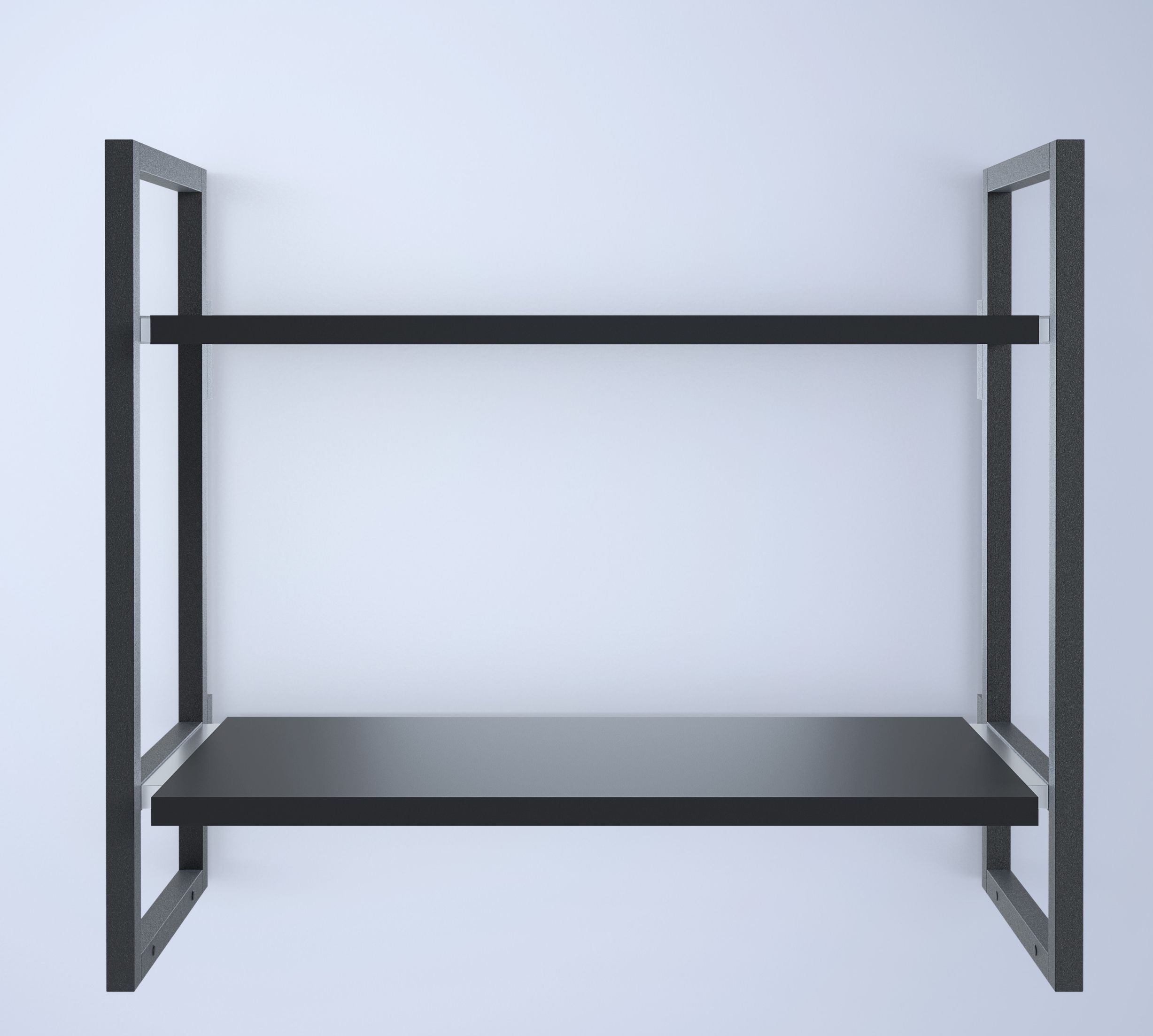 Schlichtes, schwarzes Wandregal Grundmodul A Oncono mit zwei Ebenen vor einer weißen Wand.