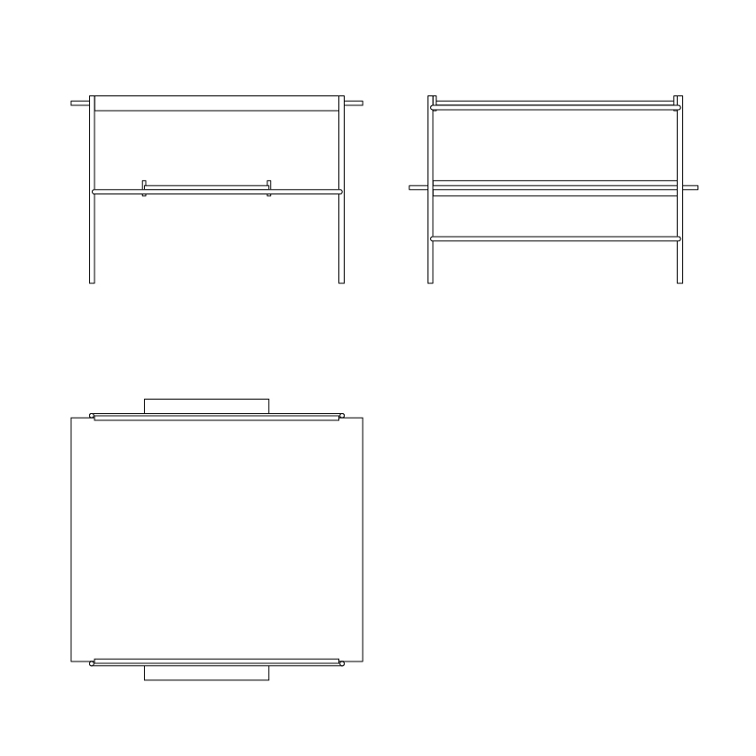 Draufsicht, Vorderansicht und Seitenansicht des Kanso Couchtischs von Please Wait to be seated.