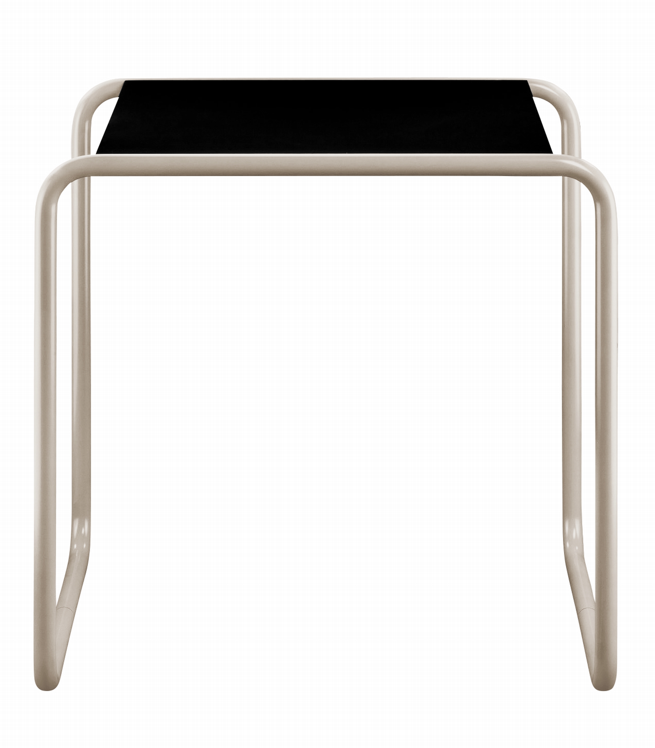 B 9 a Thonet Beistelltisch mit schwarzer Tischplatte und beigem Stahlrohrgestell, Frontansicht.