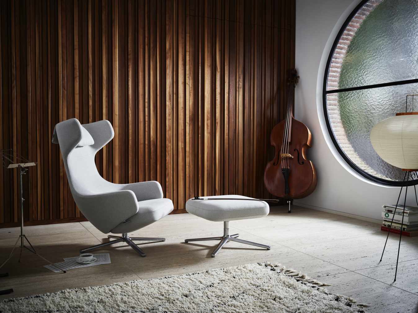 Grand Repos Sessel  + Ottoman Vitra Poliert Dumet Kiesel Melange