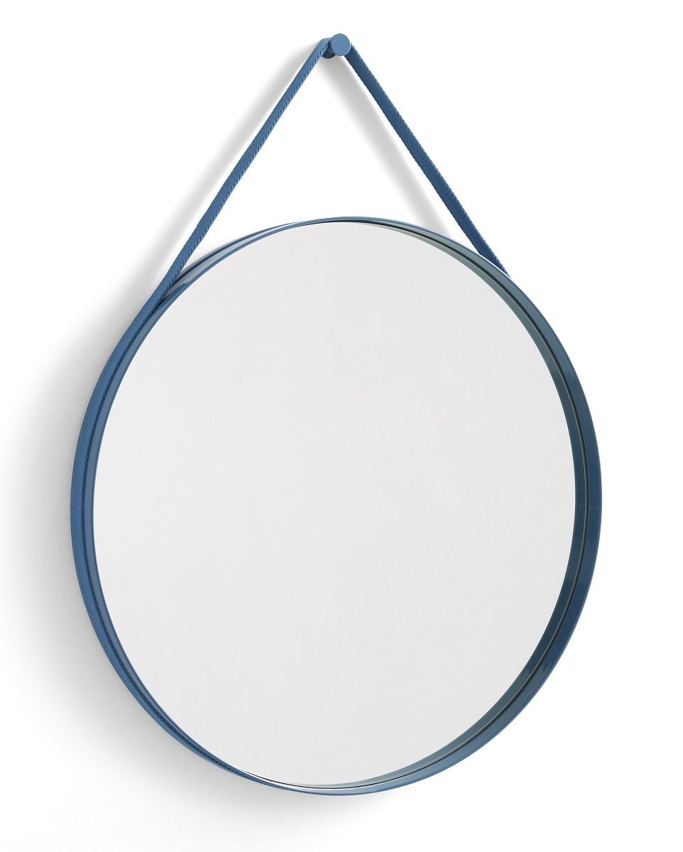 Blauer Hay Strap Mirror Wandspiegel, runder Spiegel mit Aufhängung aus Seil, Ø70 cm.