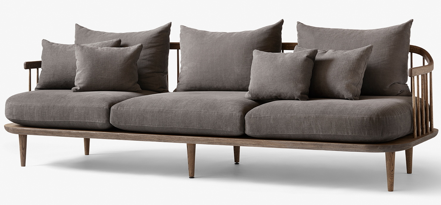 Fly Lounge Sofa: Graues 3-Sitzer Sofa mit Holzrahmen und bequemen Kissen. Modernes Design.