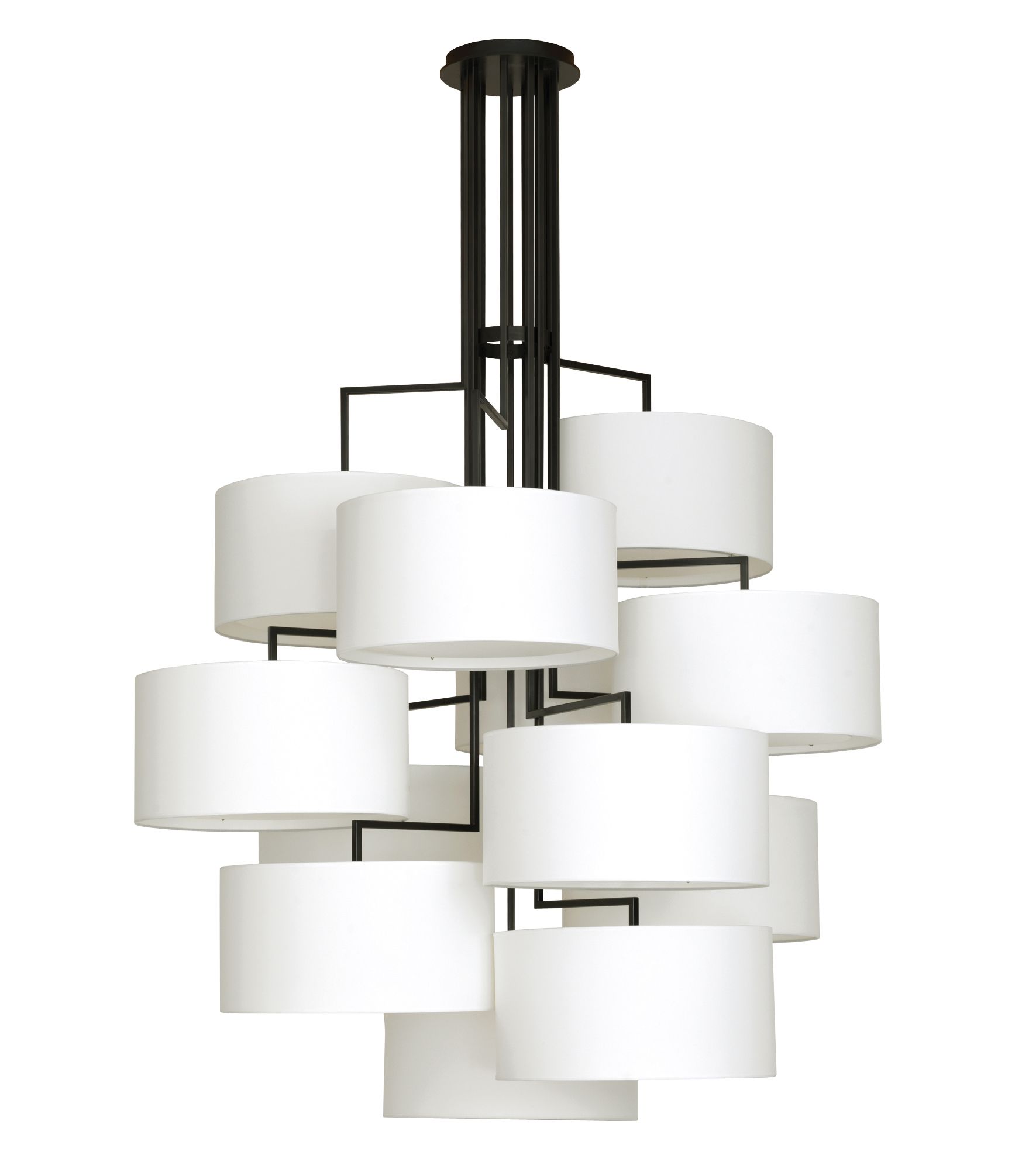 NOON 12 Deckenleuchte: Moderne Hängeleuchte mit weißen Stoffschirmen und schwarzem Metallgestell.