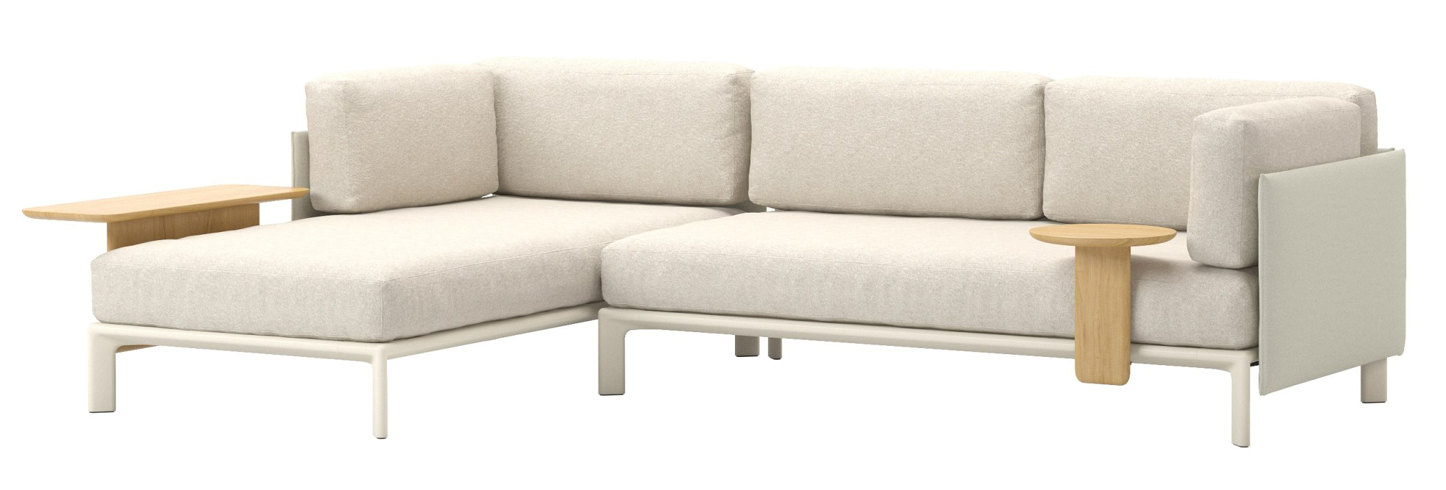 Beiges Anagram Chaise Longue Sofa von Vitra mit Holzablagen, modernes Ecksofa für Wohnzimmer.