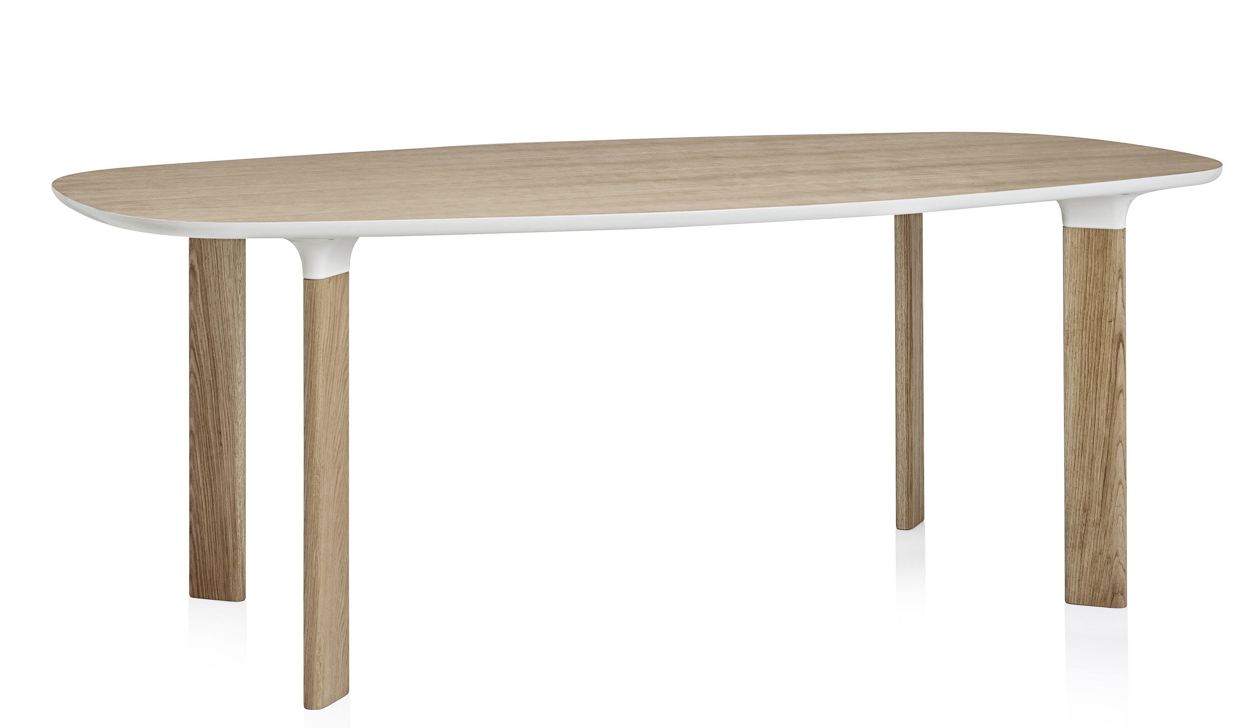 Analog Tisch von Fritz Hansen mit ovaler Tischplatte aus hellem Holz und weißen Beinen.