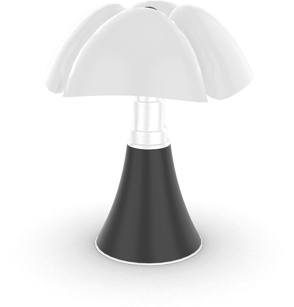Nahaufnahme der Pipistrello Tischleuchte von Martinelli Luce mit schwarzem Fuß und weißem Schirm.