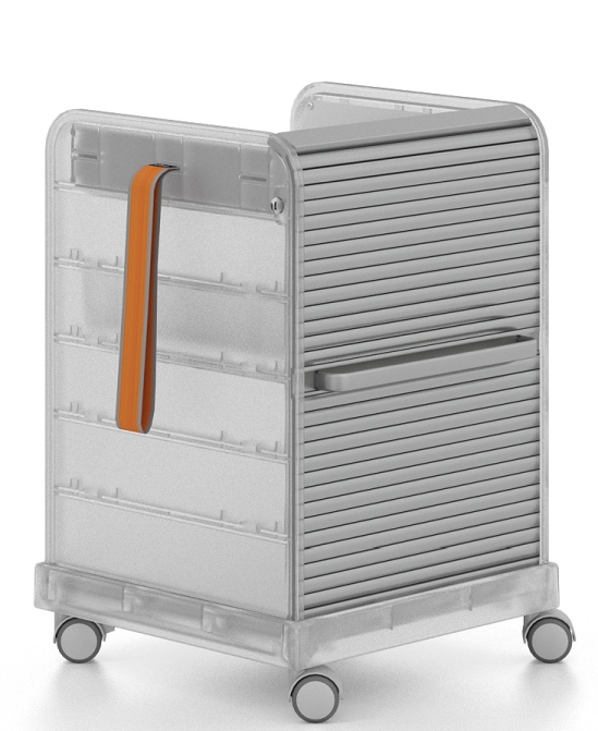 Produktfoto: Transparenter "Follow Me" Rollcontainer von Vitra mit Rolladen und Griff.