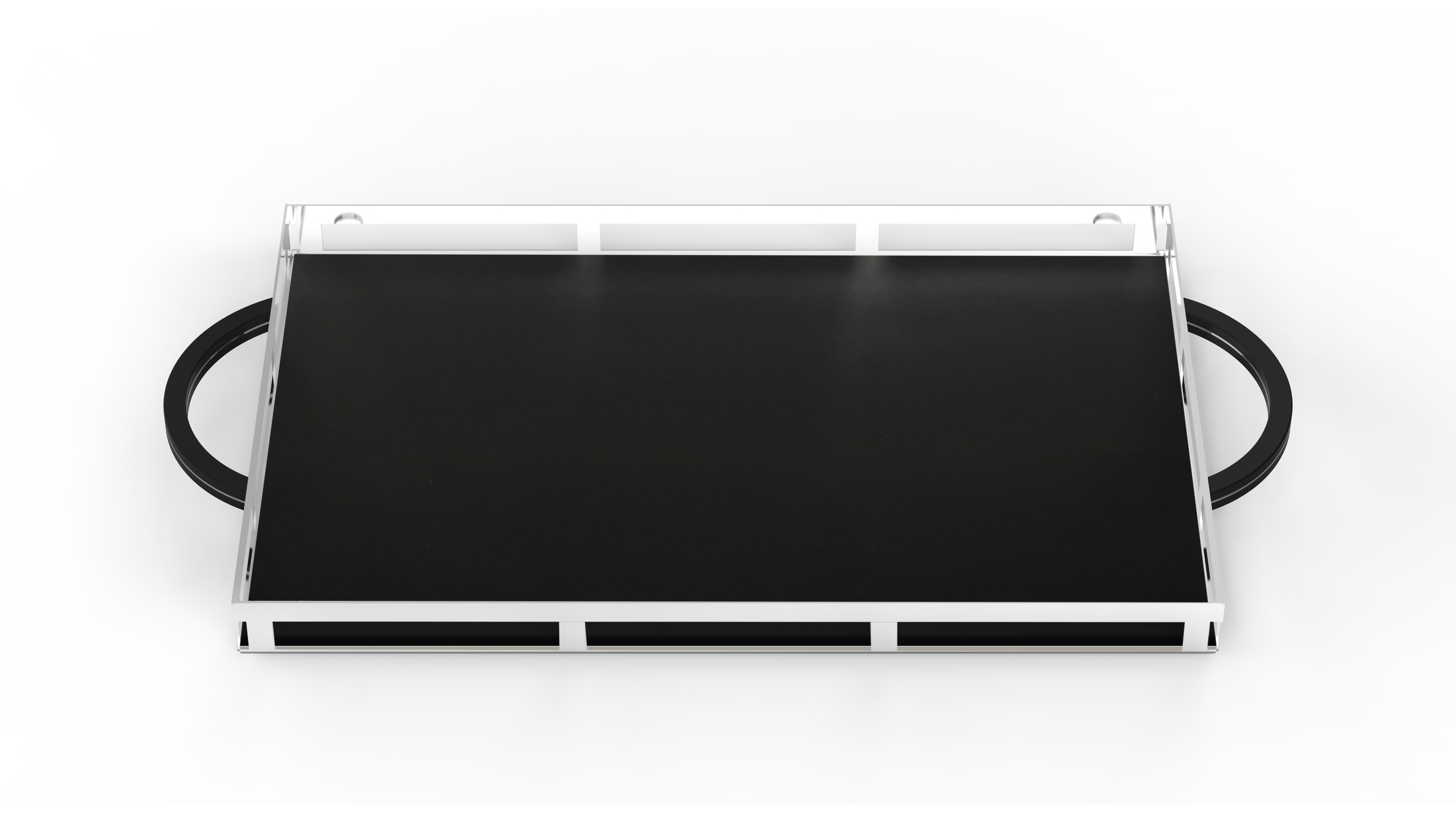 LYONEL Tablett: Schwarzes Serviertablett im Bauhaus Stil mit silbernem Rahmen und Griffen.