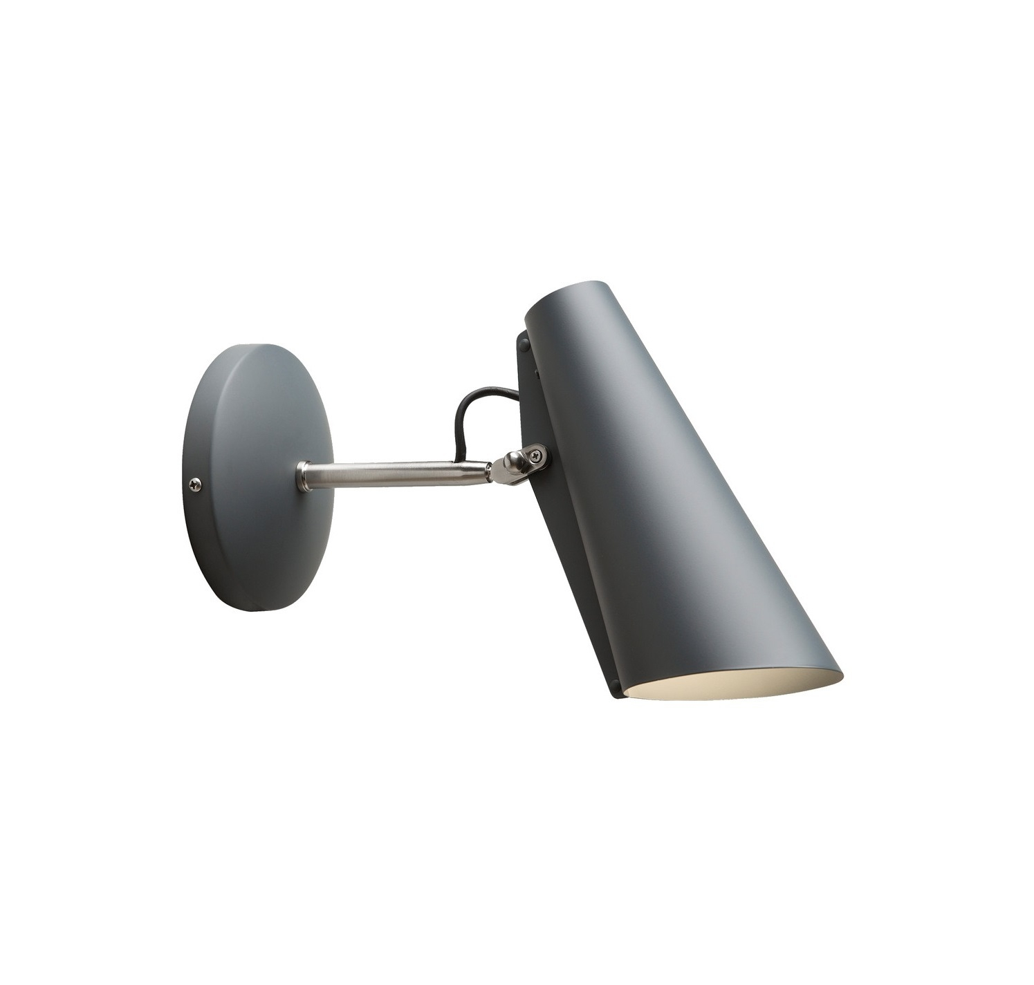 Graue Birdy Wandleuchte mit kurzem Arm, modernes Design für stilvolle Innenraumbeleuchtung.