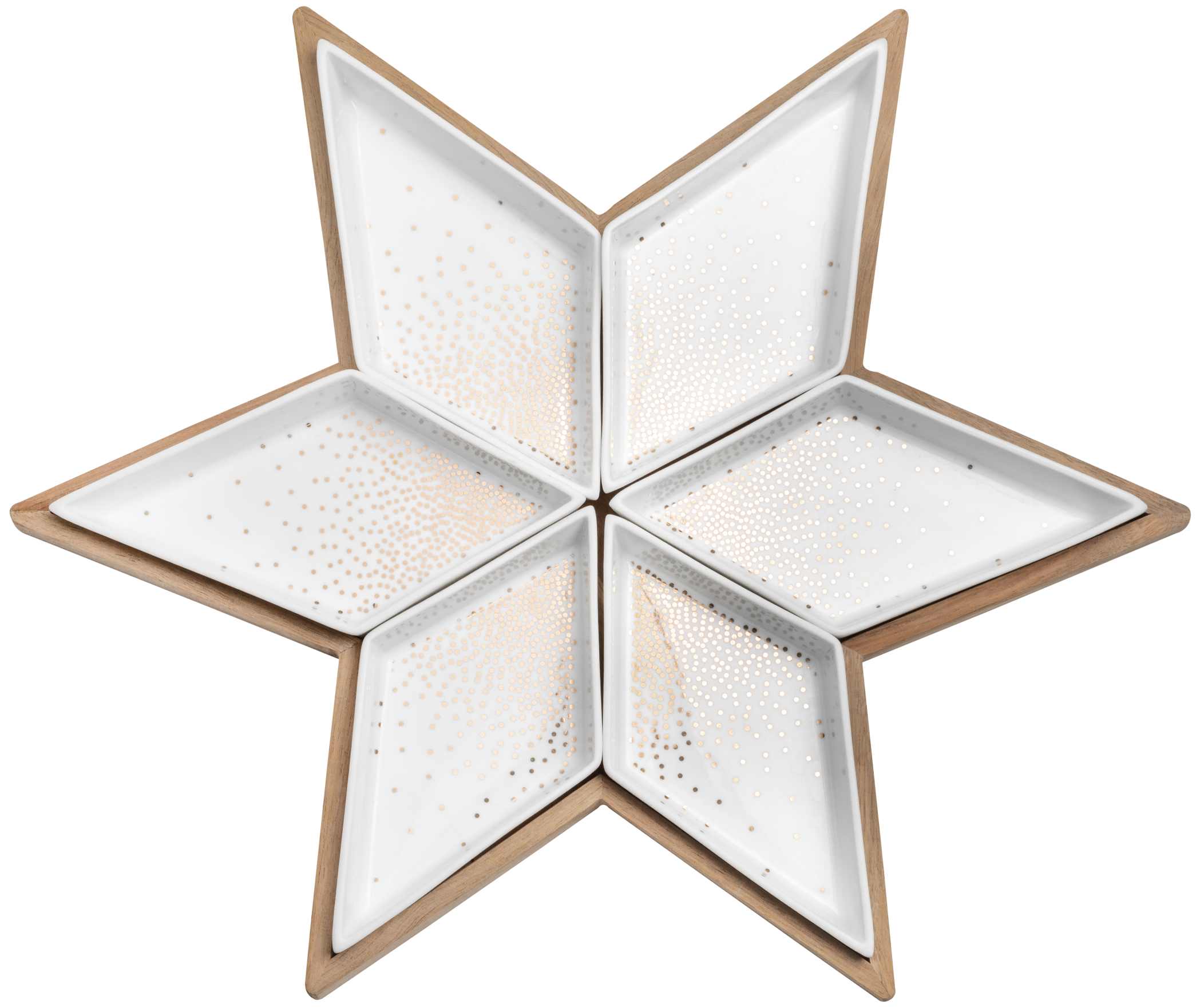 Sternförmiger Servierteller mit sechs weißen Schalen und goldenen Sternen, Holzrahmen. Räder Servierschale.