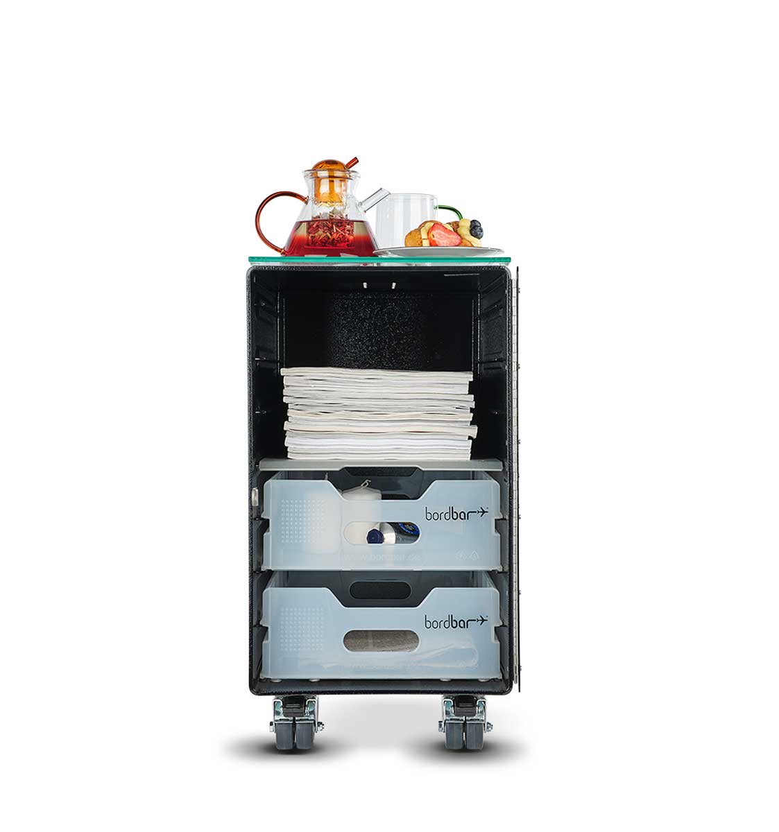 Box Kaffeetisch Bordbar mit Zubehör, Teekanne und Geschirr auf der Oberseite, Schubladen für Equipment.