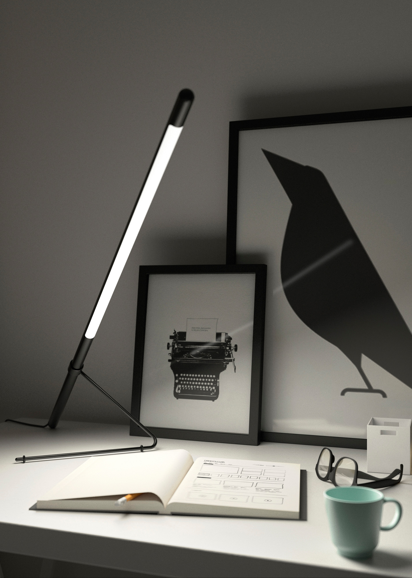 Nahaufnahme der Belux Tubo Tischleuchte in Chrom, minimalistisches Design, ideal für modernes Arbeitszimmer.