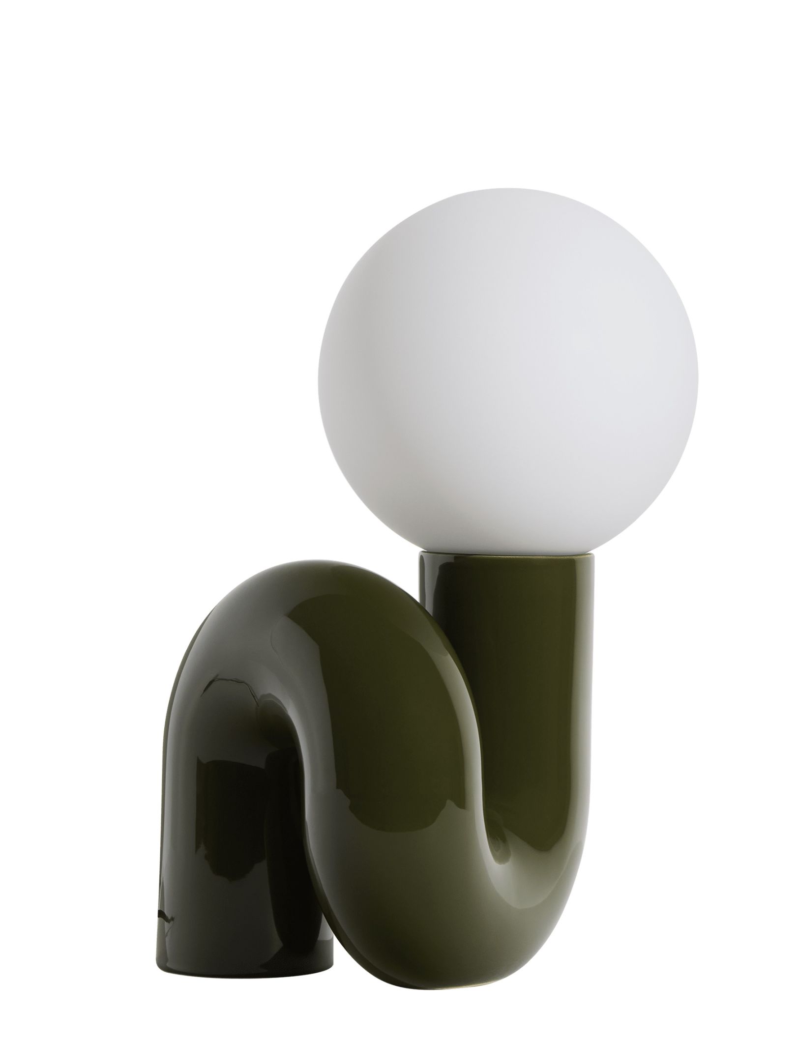 Neotenic Tischleuchte groß von Petite Friture, grüne Keramikbasis mit weißem, rundem Lampenschirm.