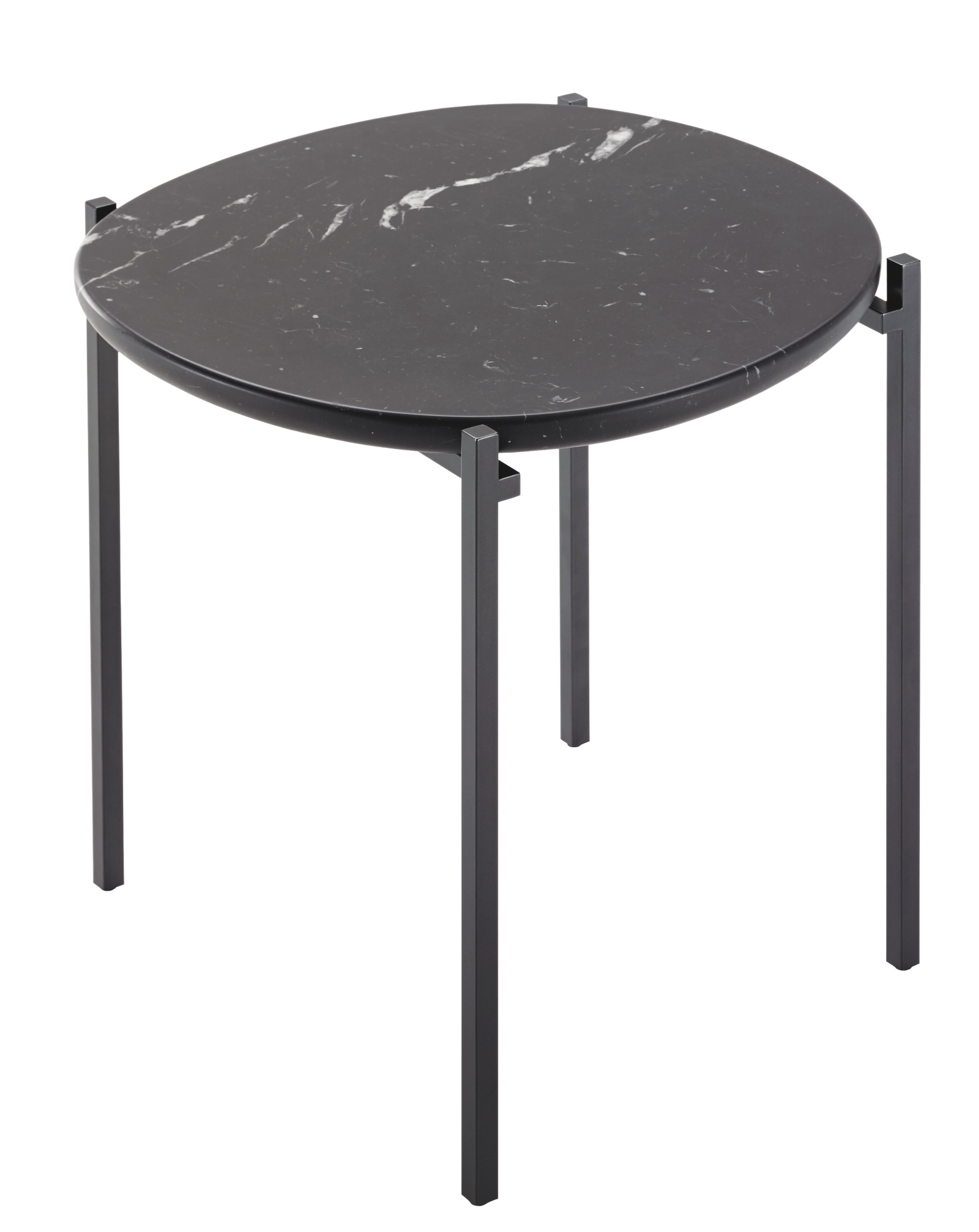 Niobe Beistelltisch mit Carrara-Marmorplatte und filigranem, dunklem Metallgestell. Eleganter Marmortisch für Wohnzimmer und Lounge.