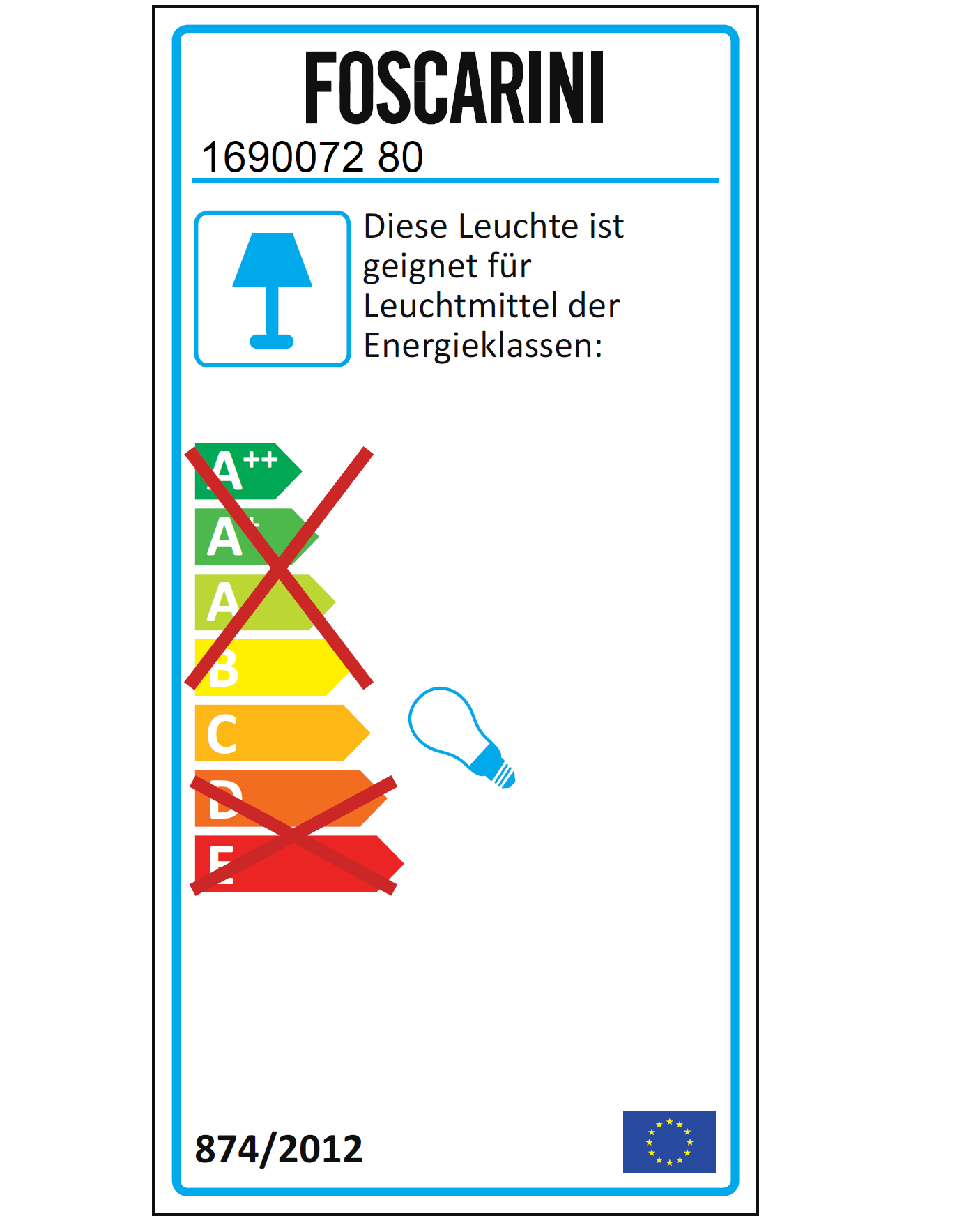 Energieeffizienzlabel für Foscarini Leuchte. Geeignet für Leuchtmittel der Energieklassen A++ bis C.