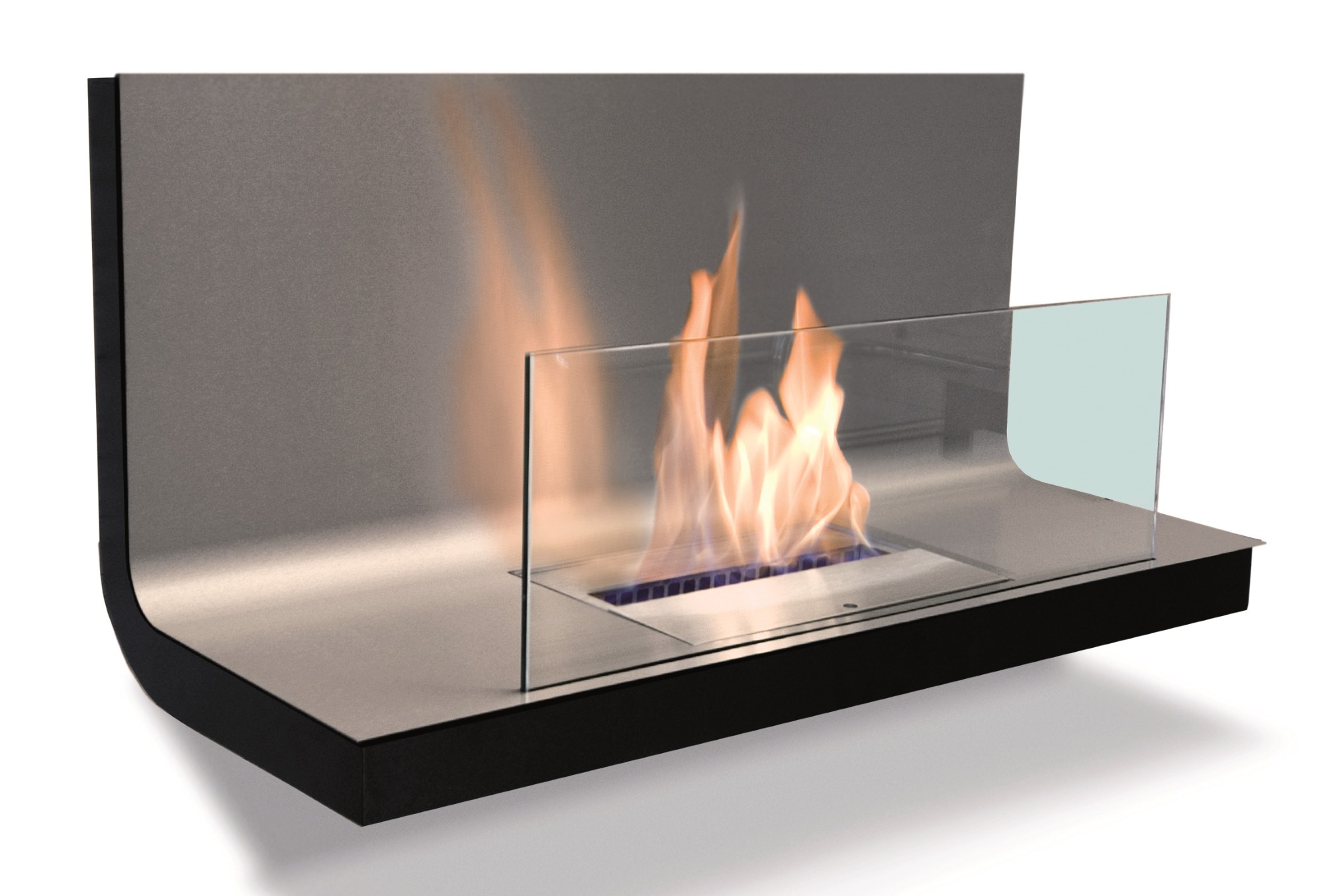 Wall Flame 1 Ethanol Kamin Radius mit Glas, Edelstahl und Flammen im Detail.