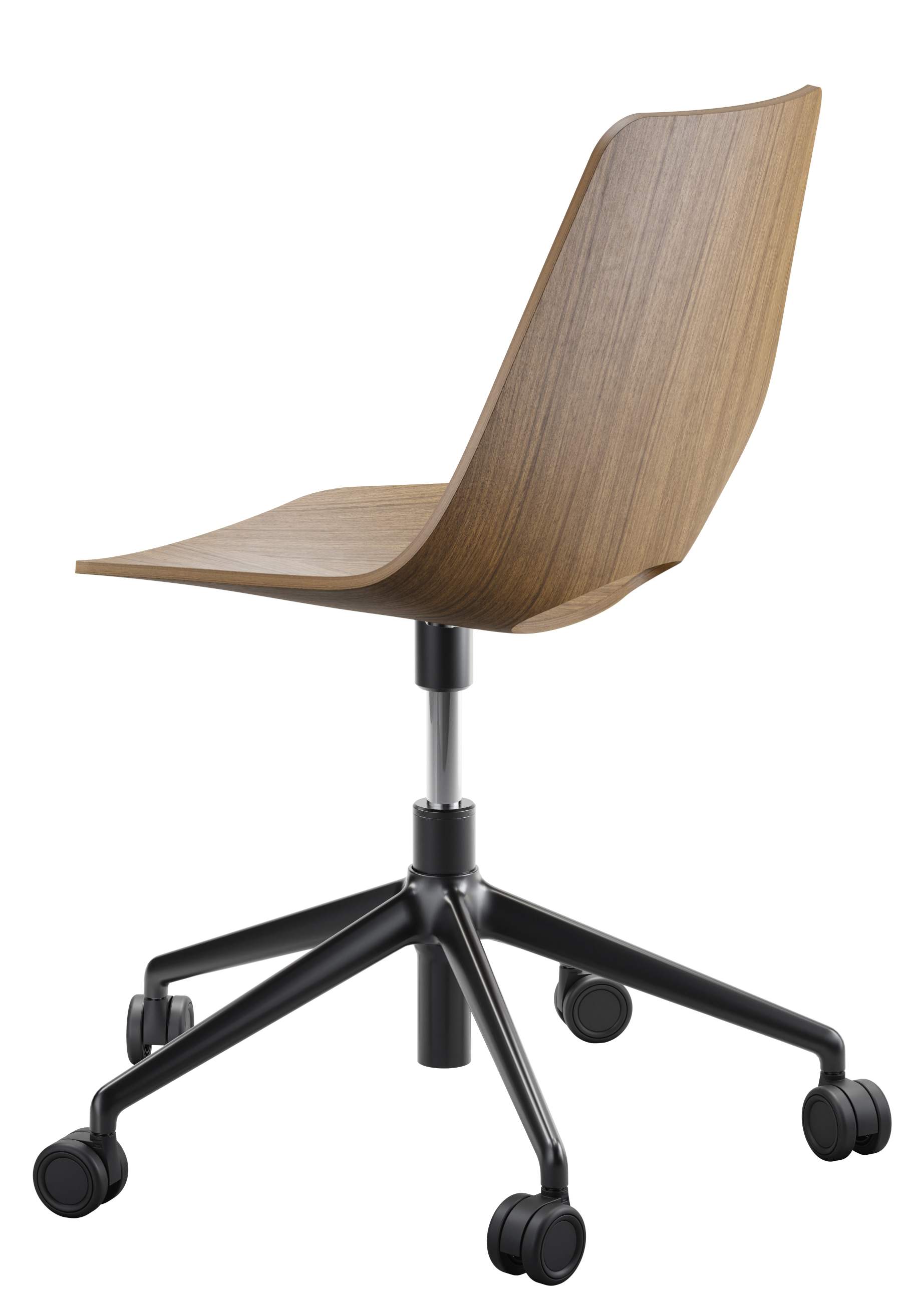 Thonet S 661 DR Drehstuhl mit Holzschale und schwarzem Fußkreuz mit Rollen.