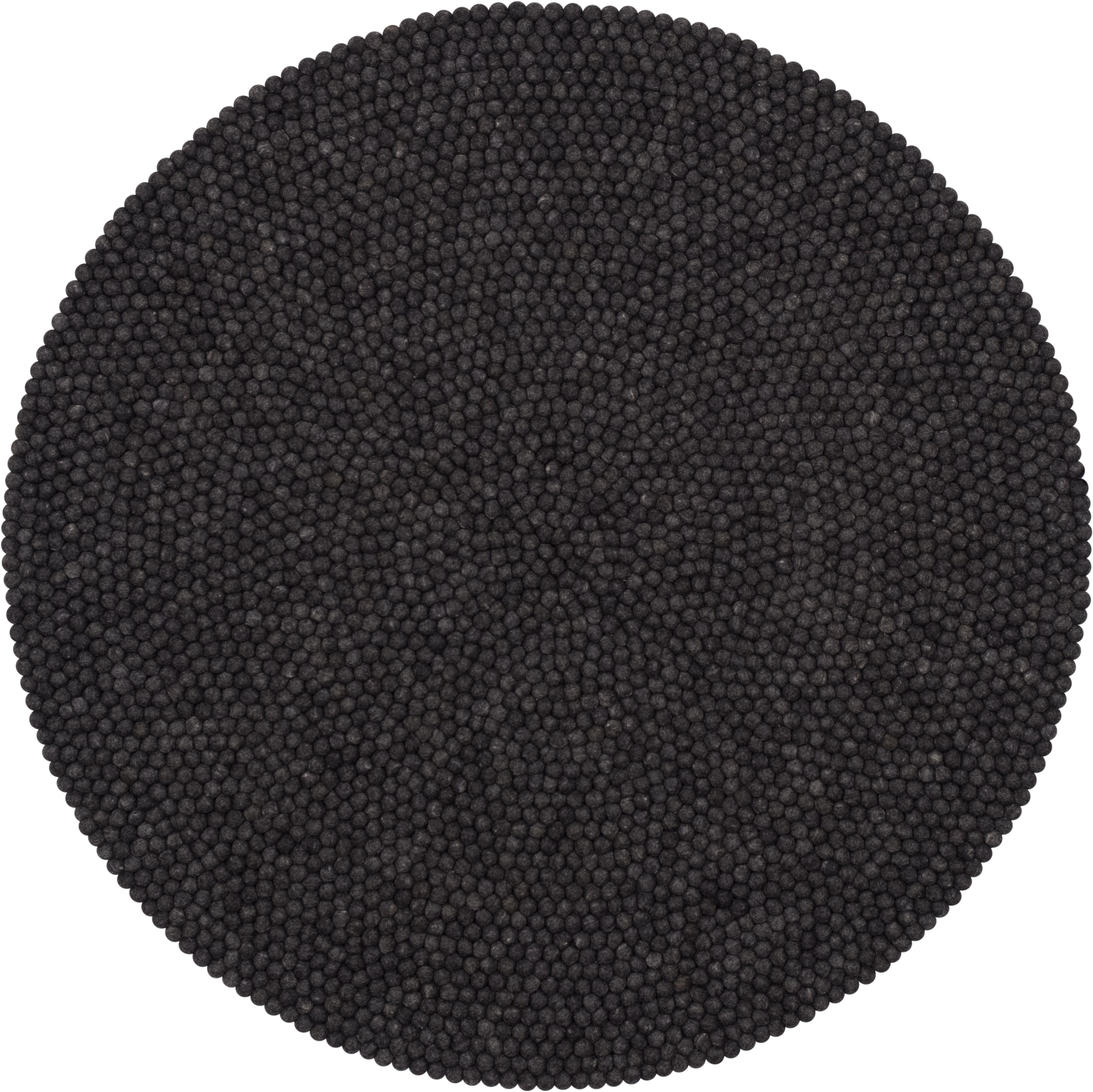 Runder, schwarzer Filzkugel Teppich (180 cm) von myfelt, gefertigt aus vielen kleinen Filzkugeln.