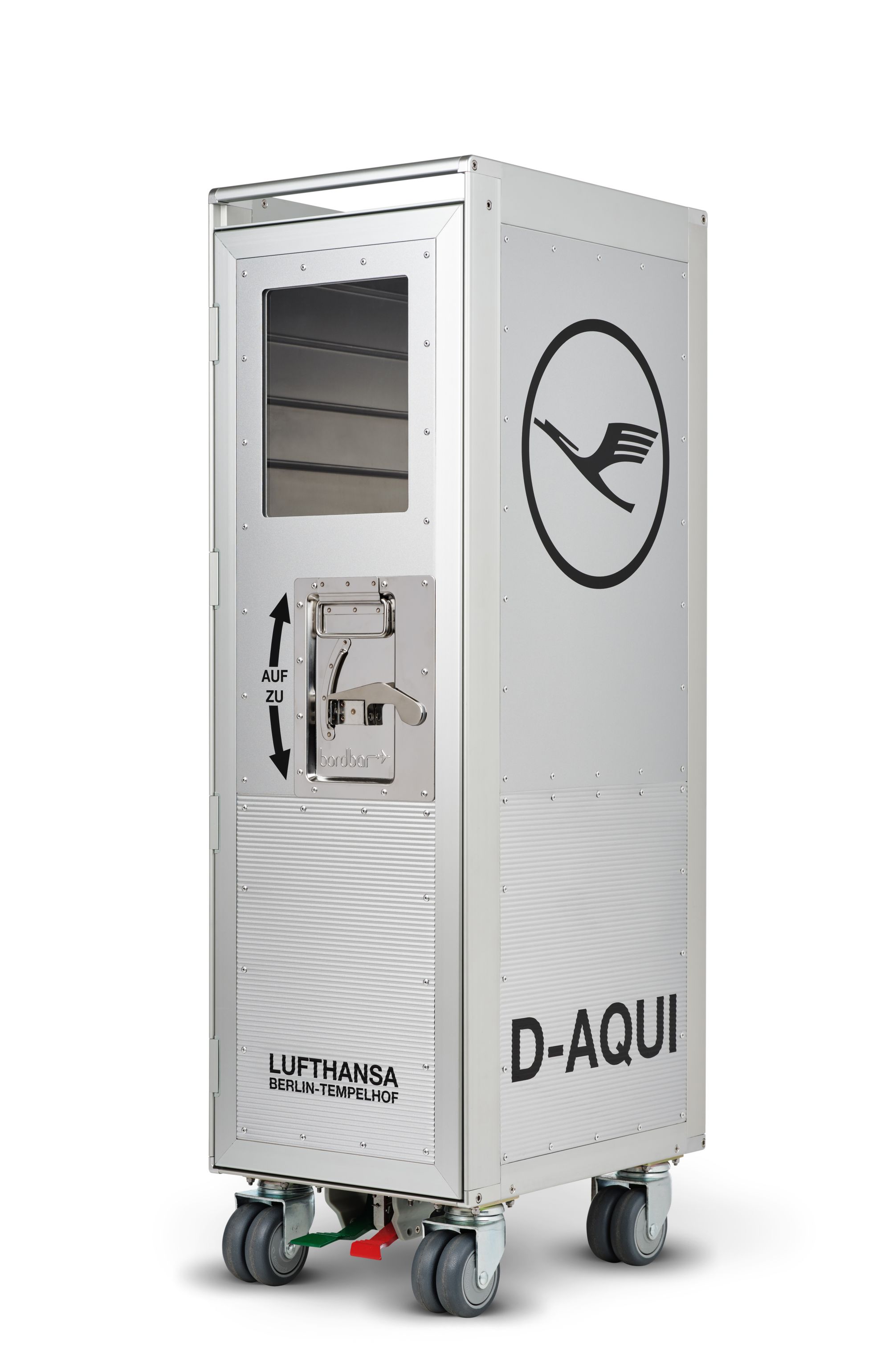Silberner Lufthansa Bordbar Trolley im Flugzeugdesign mit Logo und Rollen, ideal als Möbelstück.