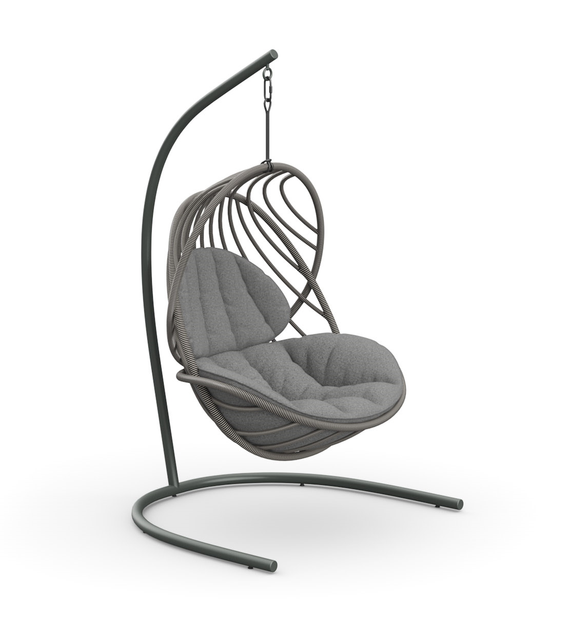 Grauer Kida Hängesessel von Dedon mit Standfuß und bequemen Kissen für Garten und Terrasse.