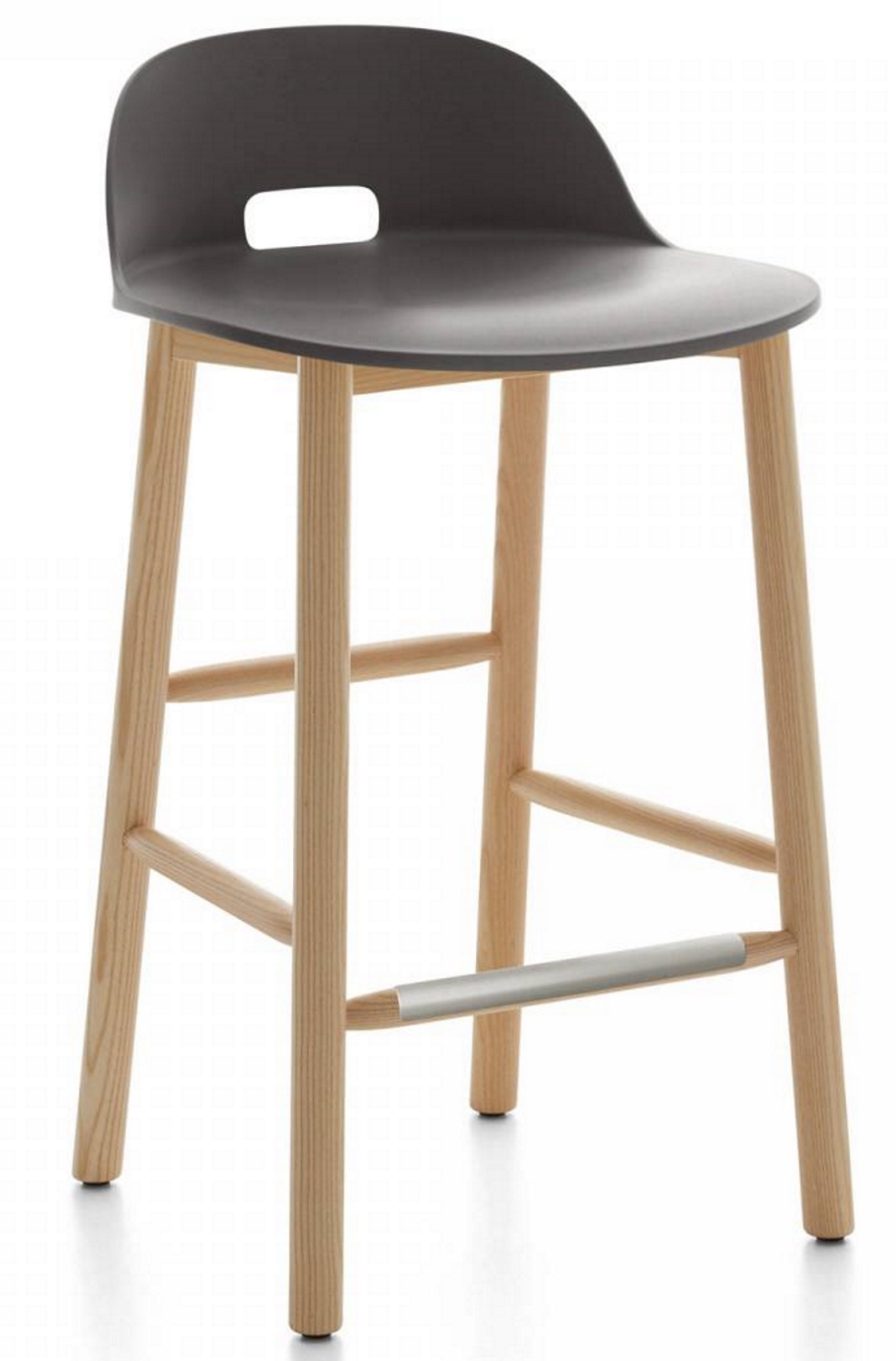 Alfi Barhocker mit niedriger Rückenlehne in Dunkelgrau und hellem Holzgestell. Moderner Barstuhl für Küche und Bar.