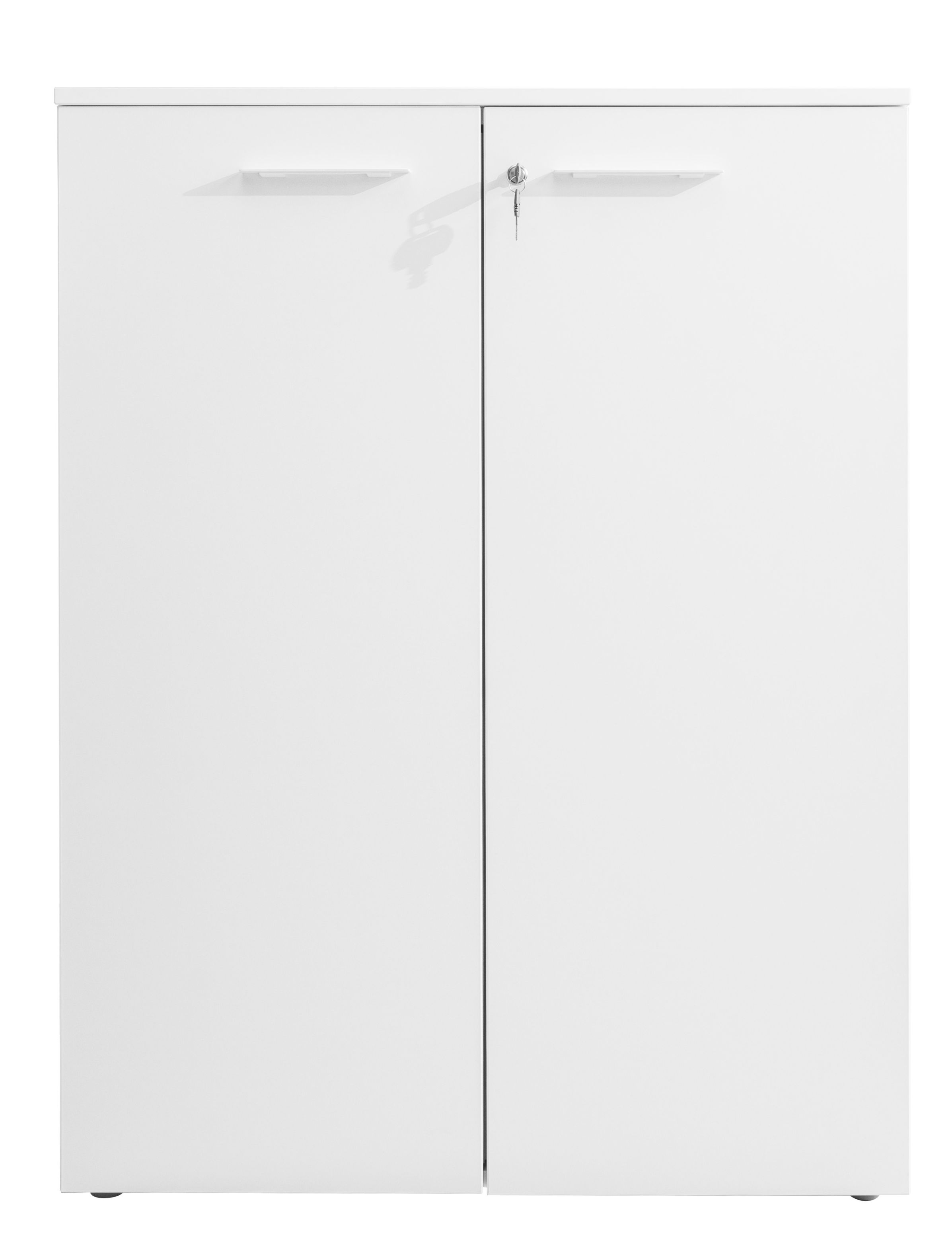 Weißes Sideboard mit Drehtüren, Schlüssel steckt. Frezza Passepartout Schrank für Büro oder Wohnraum.