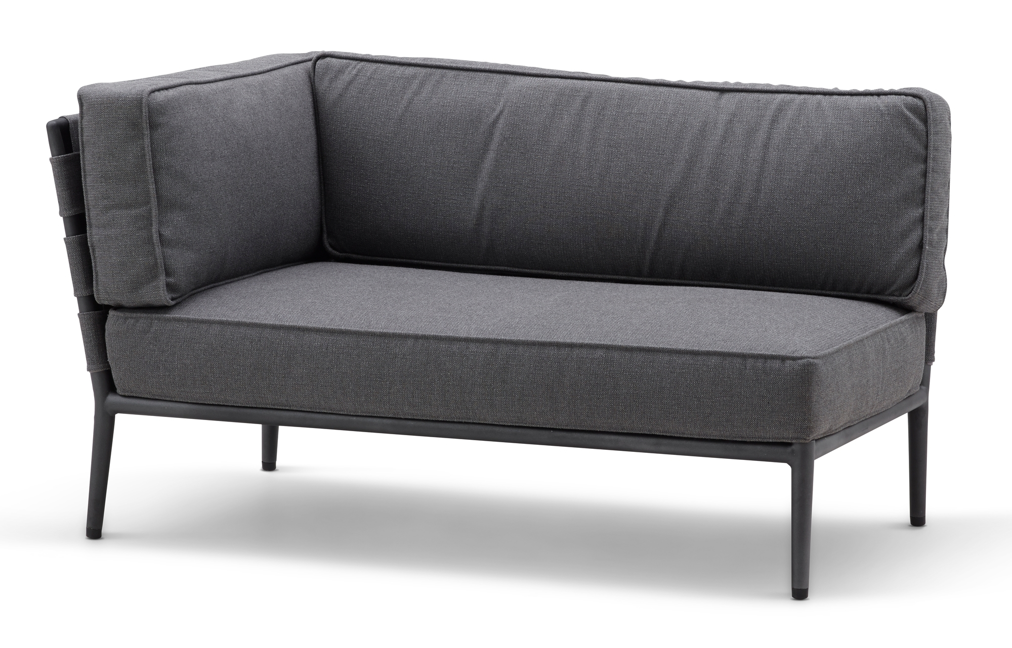Hellgraues Conic Outdoor Modulsofa (2-Sitzer, rechts) von Cane-Line mit bequemen Kissen und modernem Design.