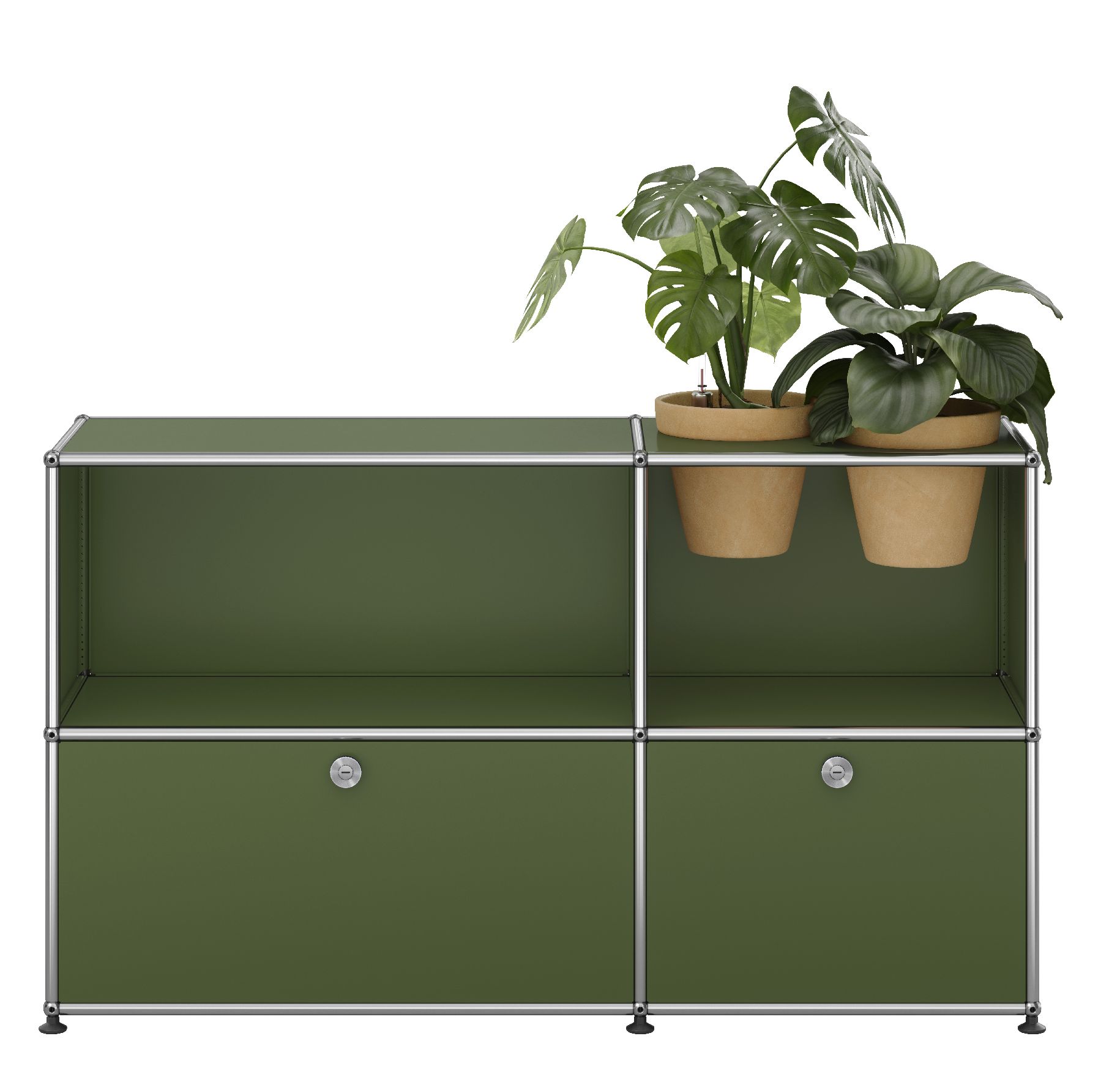 USM Haller Sideboard M57 mit Klapptüren und Pflanzeneinsatz QUICK SHIP Olivgrün