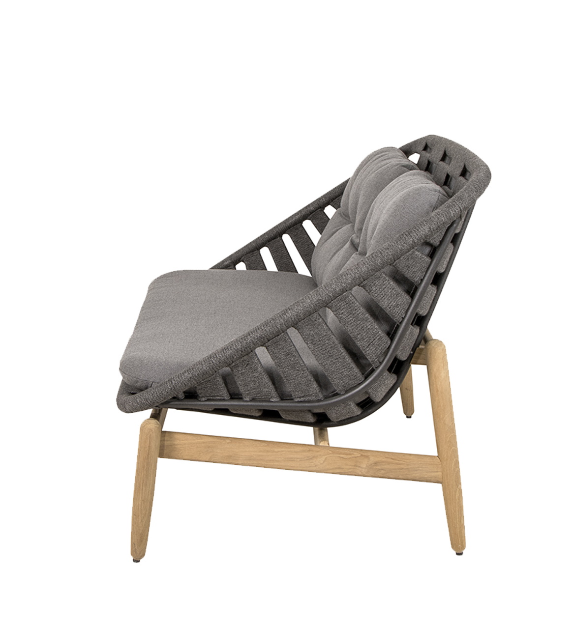 Cane-Line Strington Outdoor Sofa in Dunkelgrau, modernes Design mit Kordelgeflecht und hellen Holzbeinen.