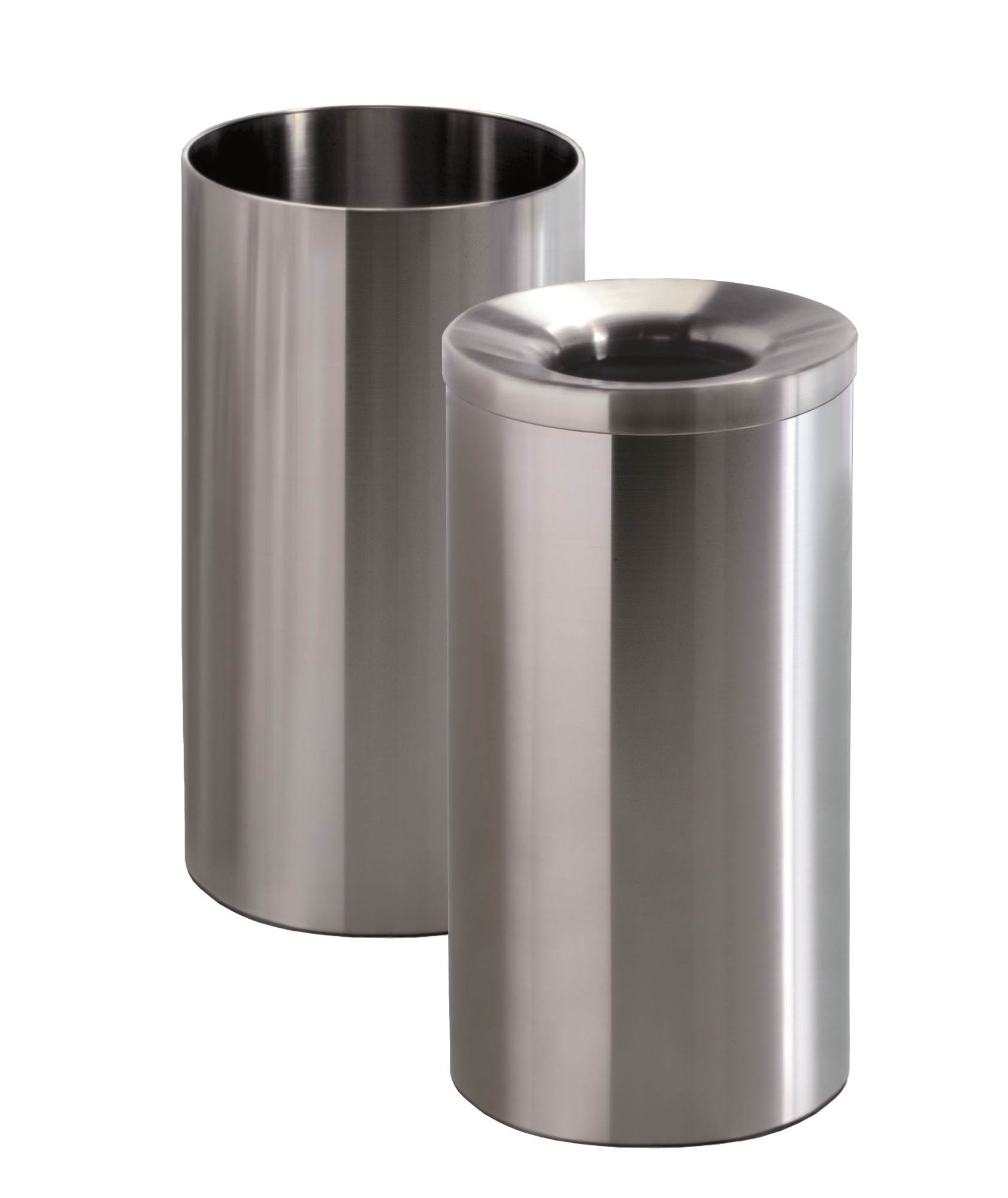 Zwei silberne Nox Papierkörbe/Schirmständer von Rexite, einer mit Öffnung oben, auf weißem Hintergrund.