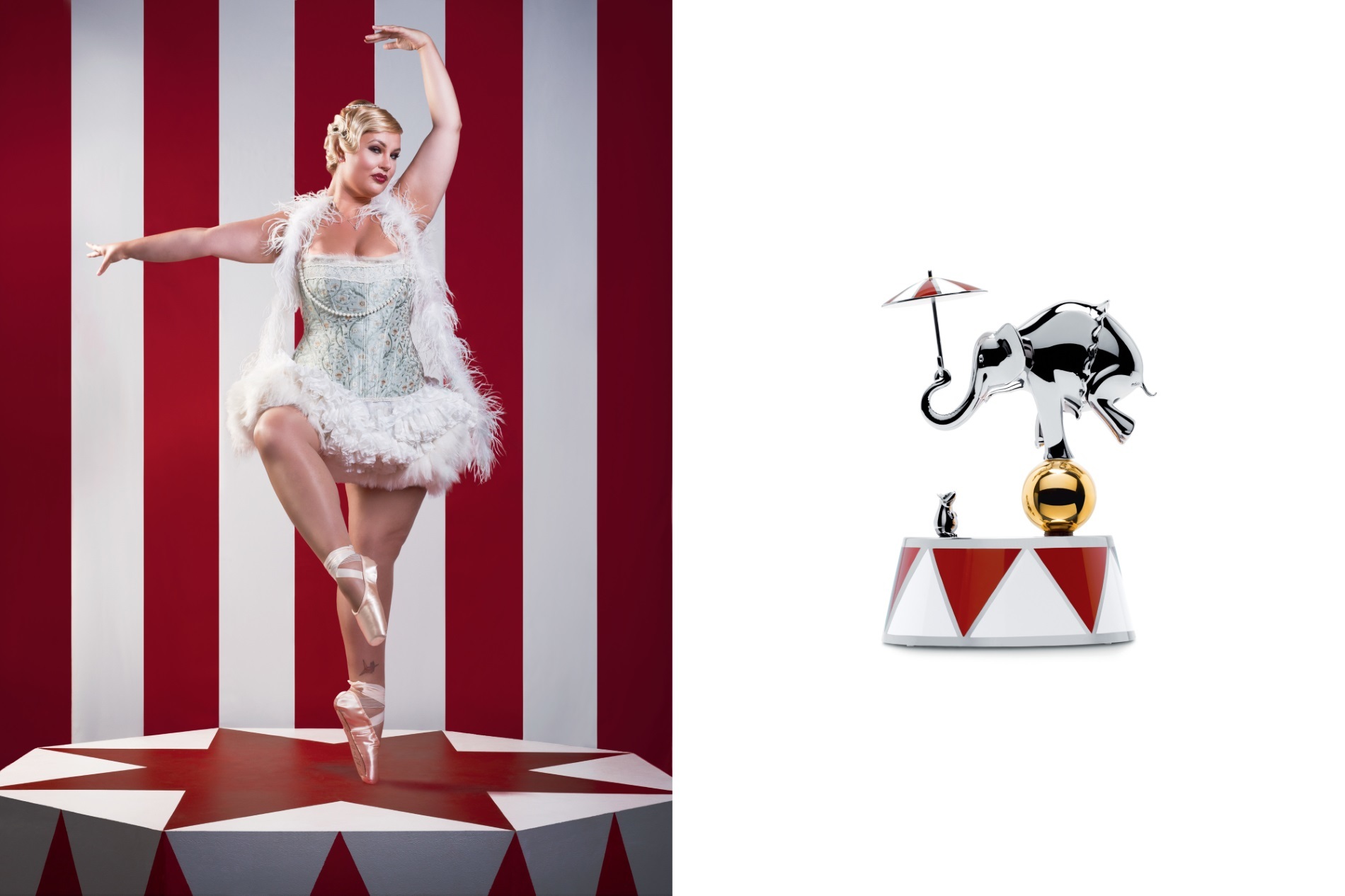 Alessi Circus Spieluhr "The Ballerina" mit Tänzerin und Elefant auf Zirkus-Bühne.